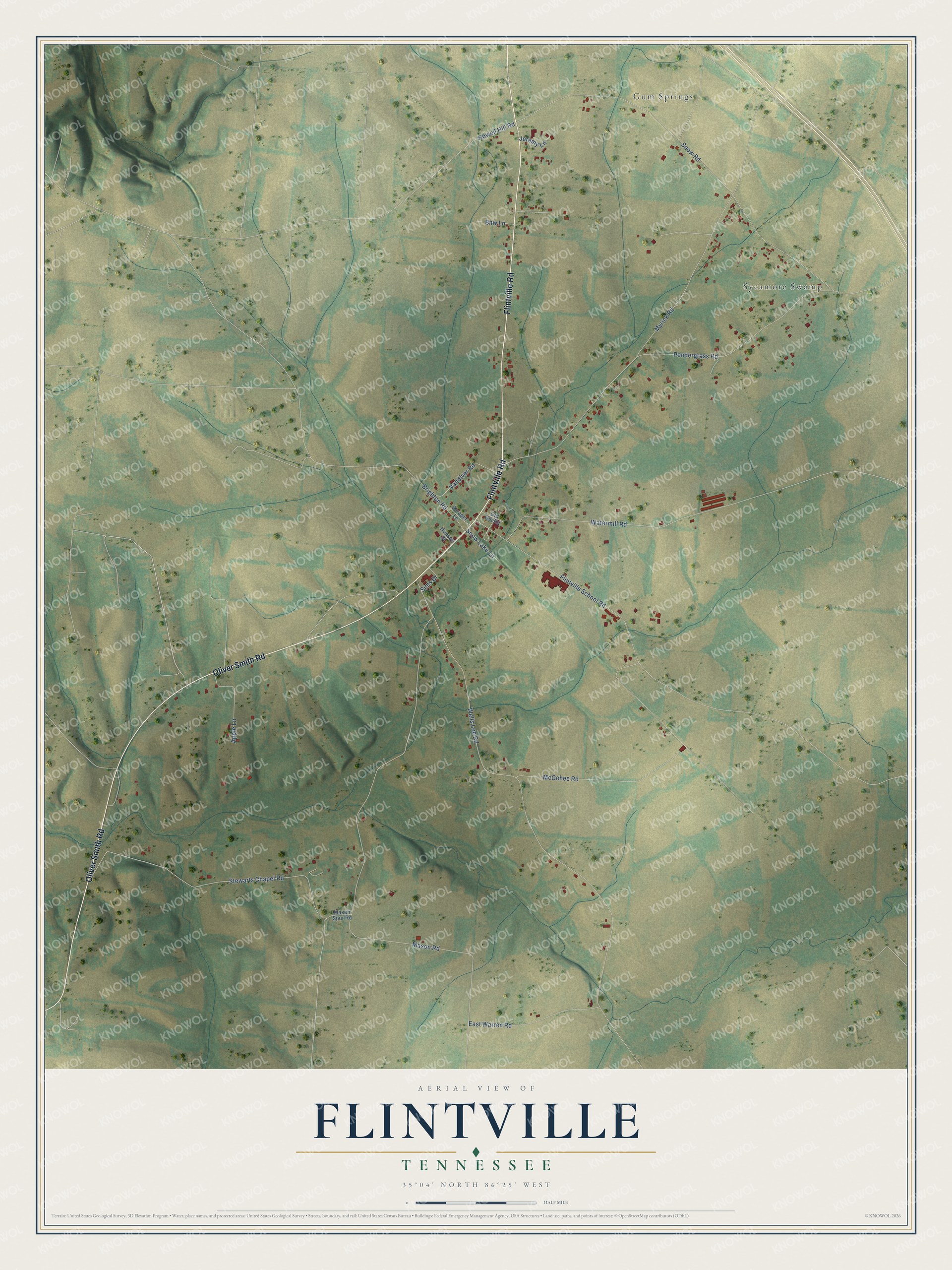 Full map of Flintville, Tennessee, with red buildings, printed street names and the land around them