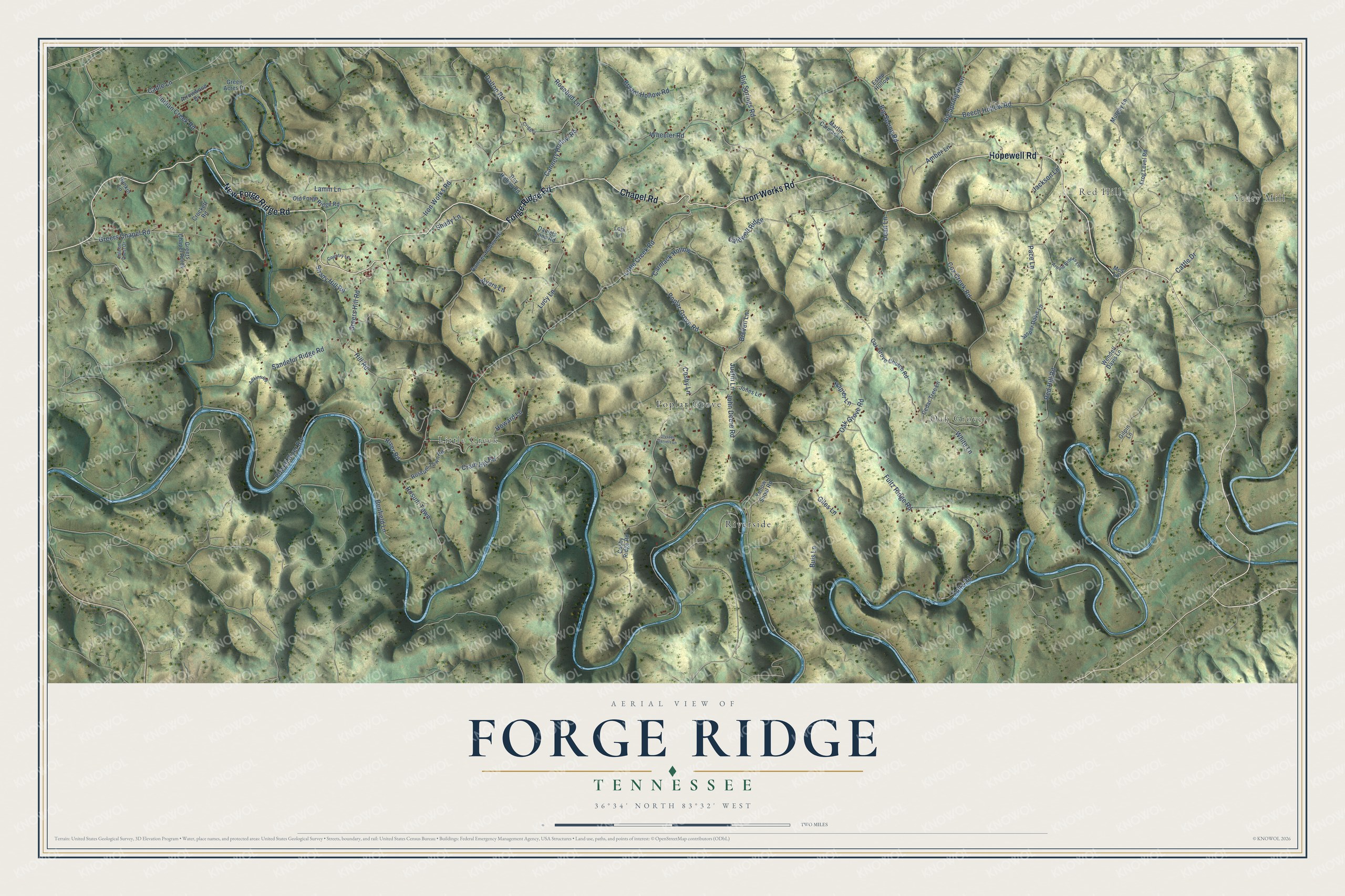 Full map of Forge Ridge, Tennessee, with red buildings, printed street names and the land around them