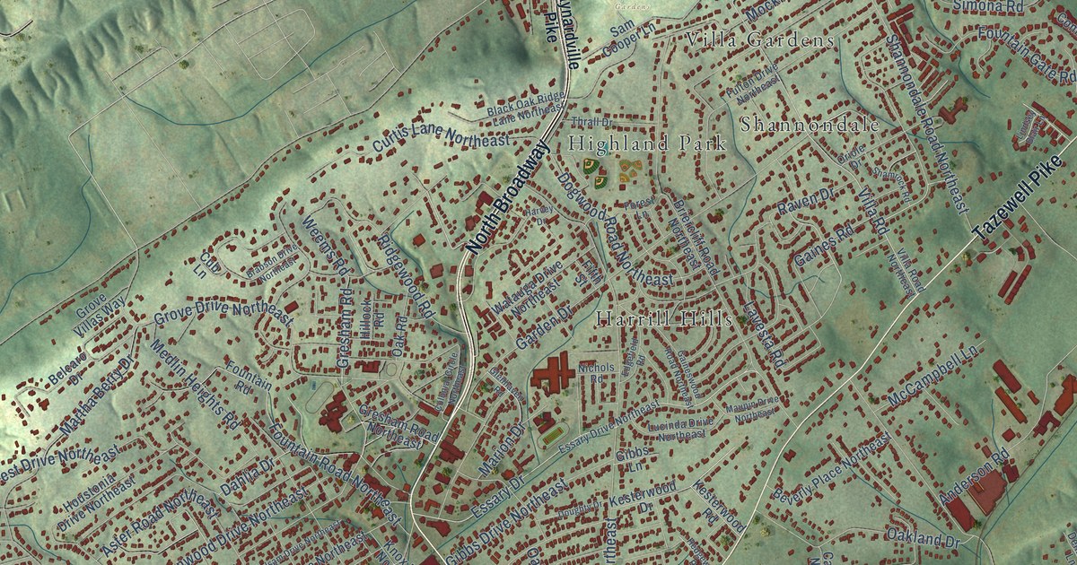 Close-up of streets and buildings in Fountain City, Tennessee