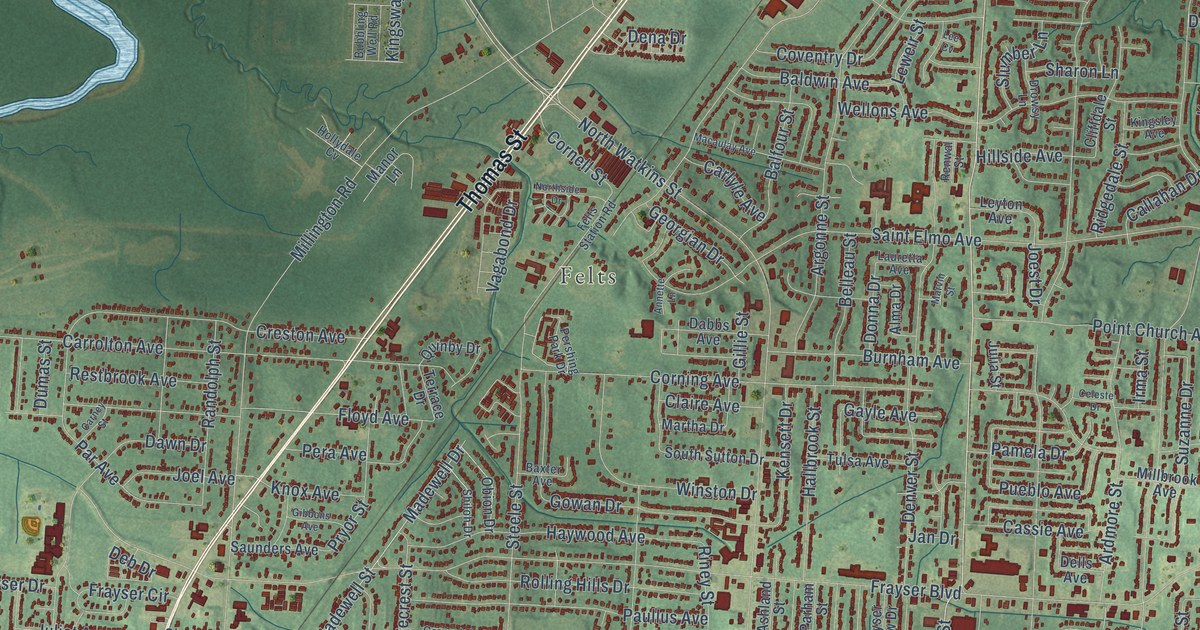 Close-up of streets and buildings in Frayser, Tennessee