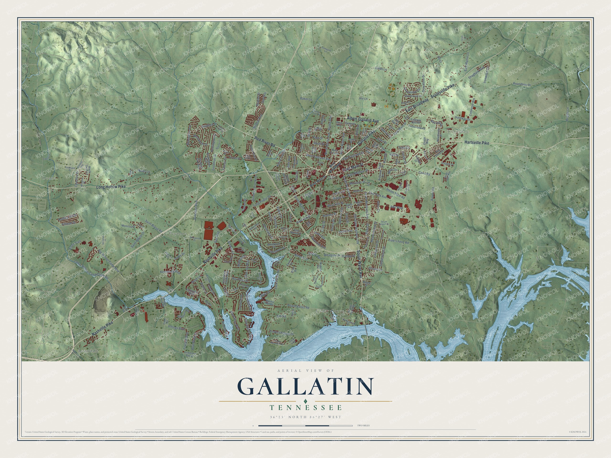 Full map of Gallatin, Tennessee, with red buildings, printed street names and the land around them