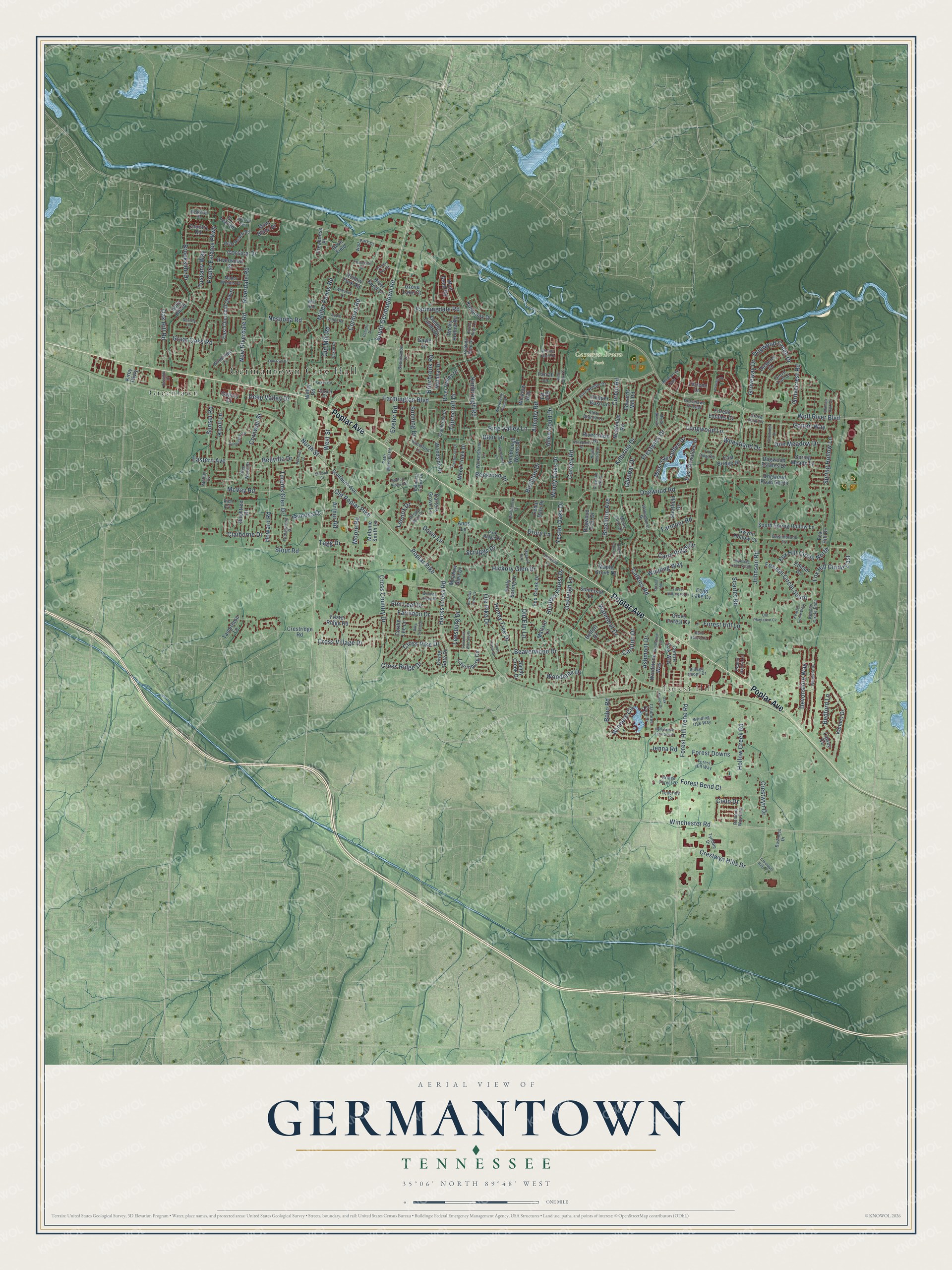 Full map of Germantown, Tennessee, with red buildings, printed street names and the land around them