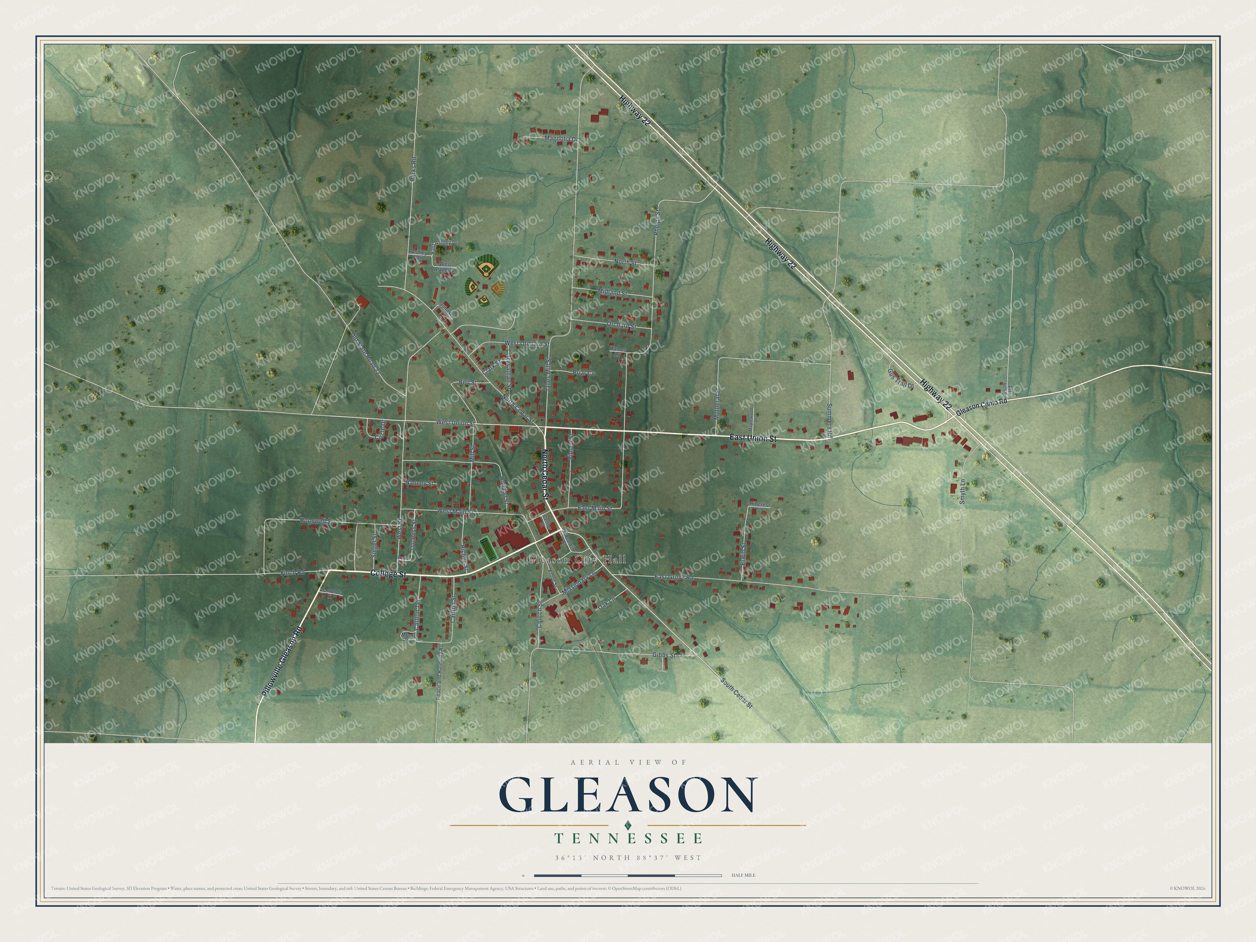 Full map of Gleason, Tennessee, with red buildings, printed street names and the land around them