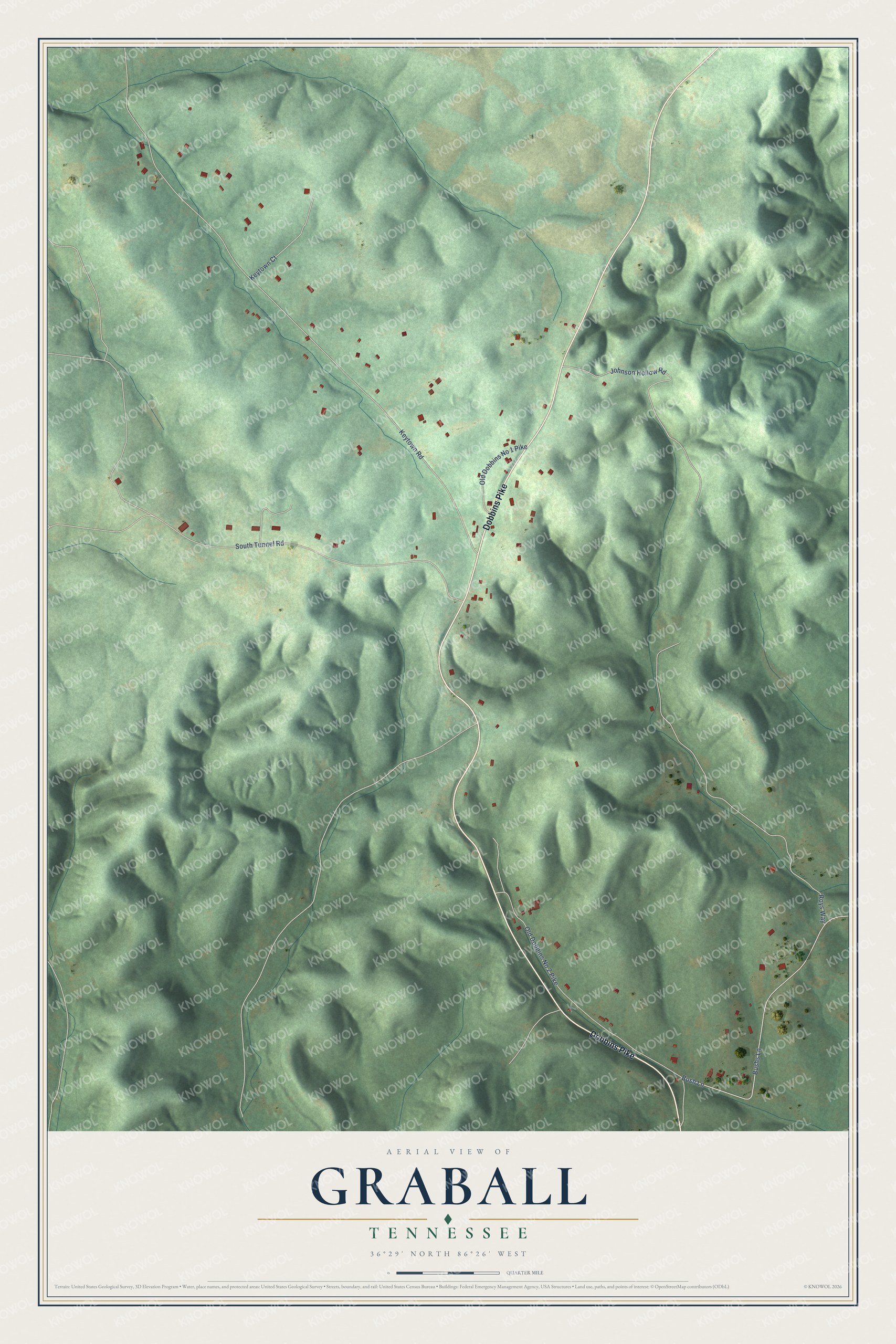 Full map of Graball, Tennessee, with red buildings, printed street names and the land around them