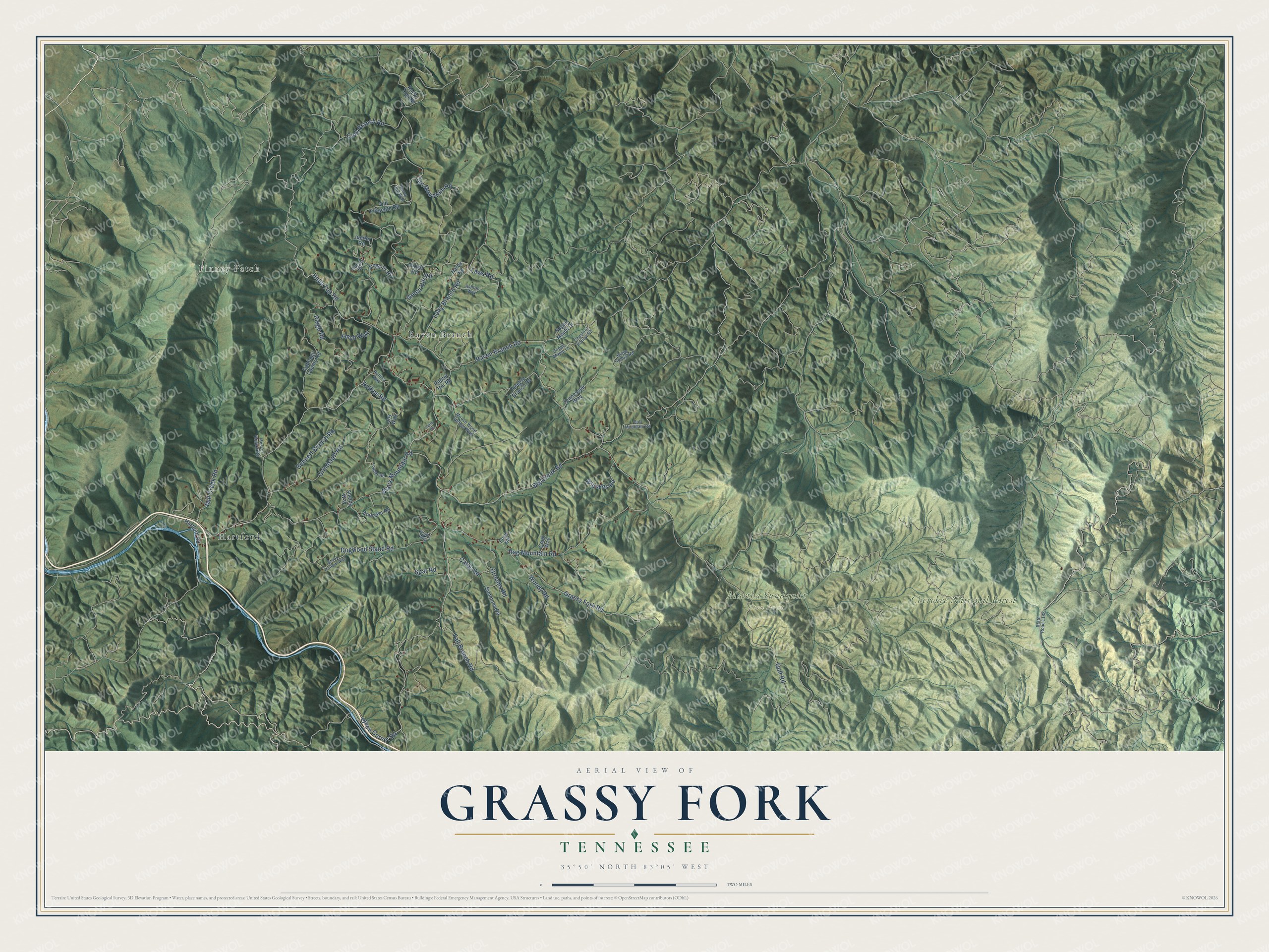 Full map of Grassy Fork, Tennessee, with red buildings, printed street names and the land around them