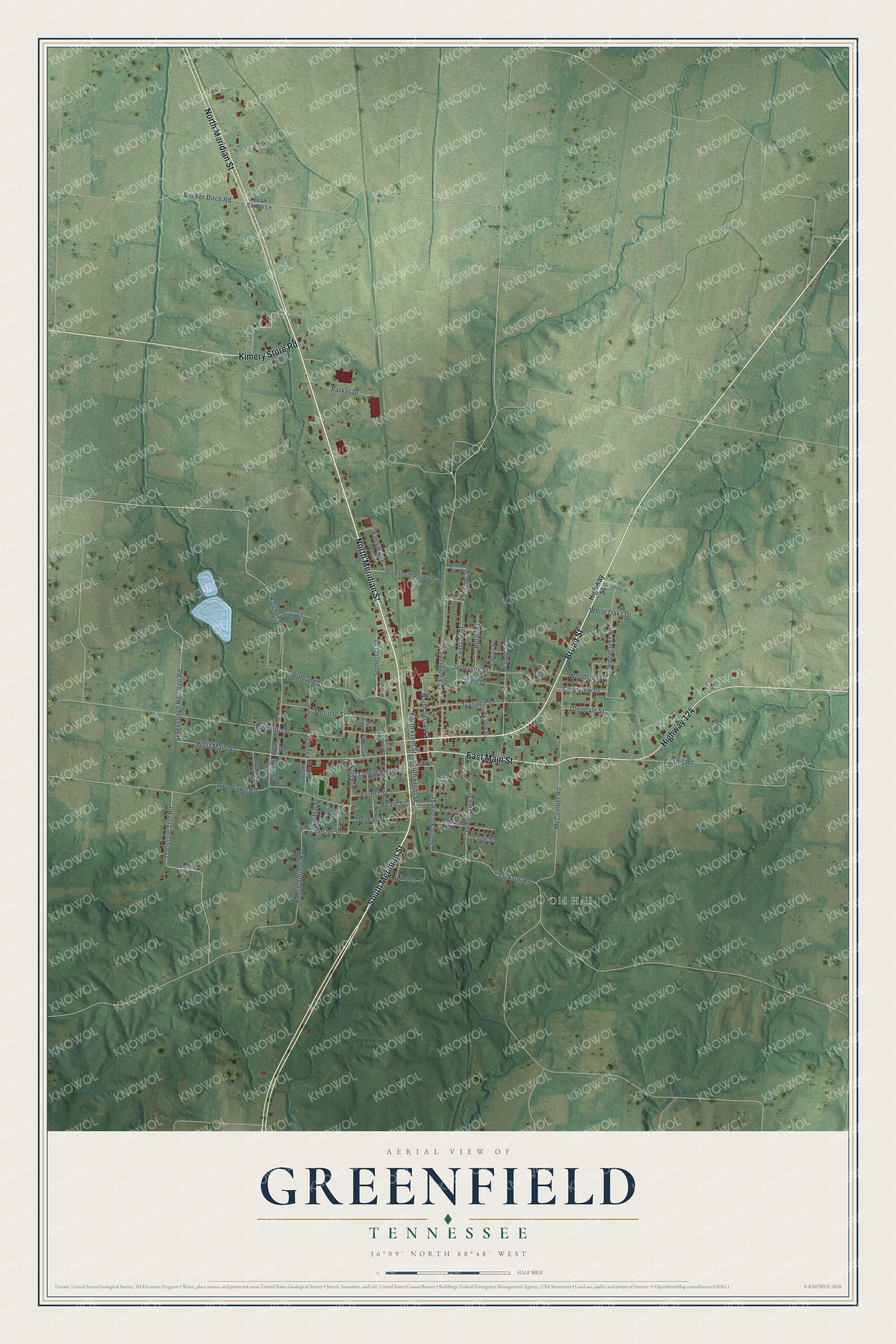 Full map of Greenfield, Tennessee, with red buildings, printed street names and the land around them