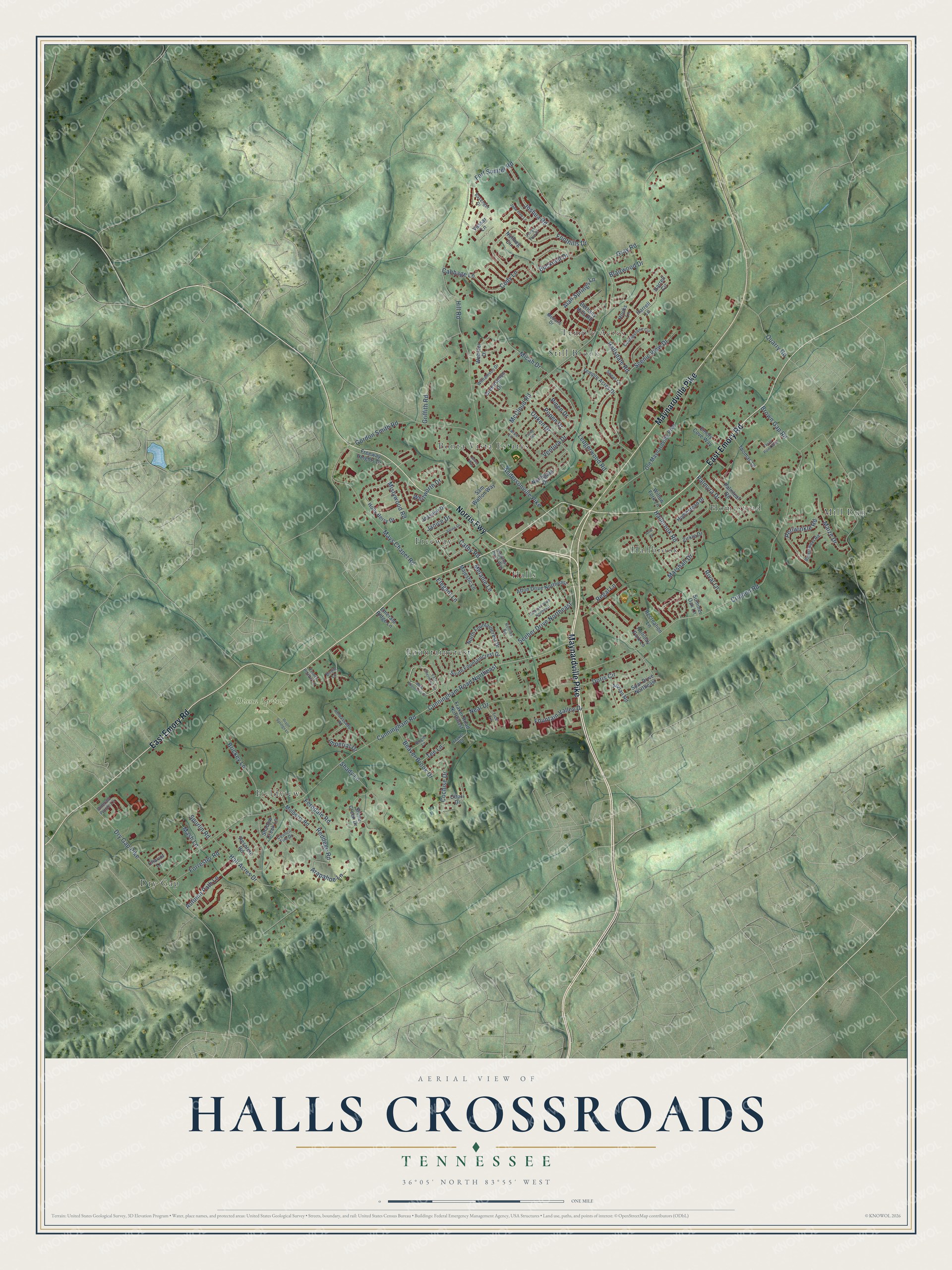 Full map of Halls Crossroads, Tennessee, with red buildings, printed street names and the land around them