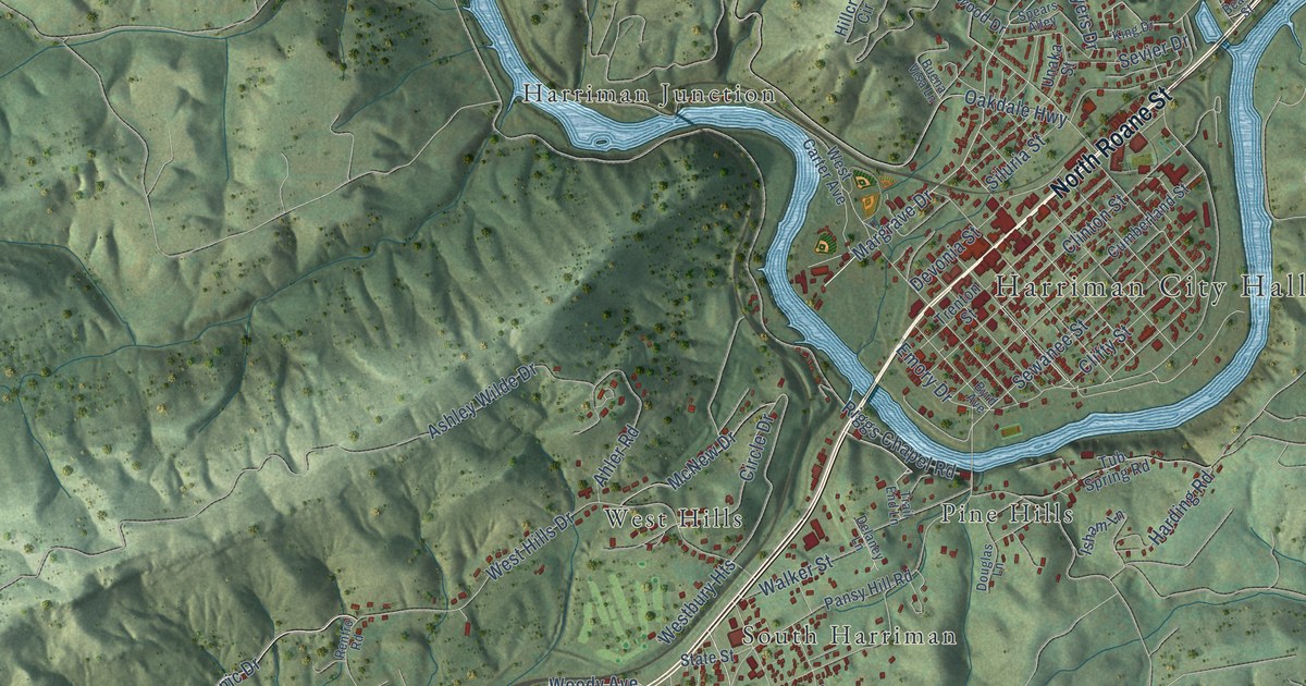 Map of Harriman, Tennessee in 2026