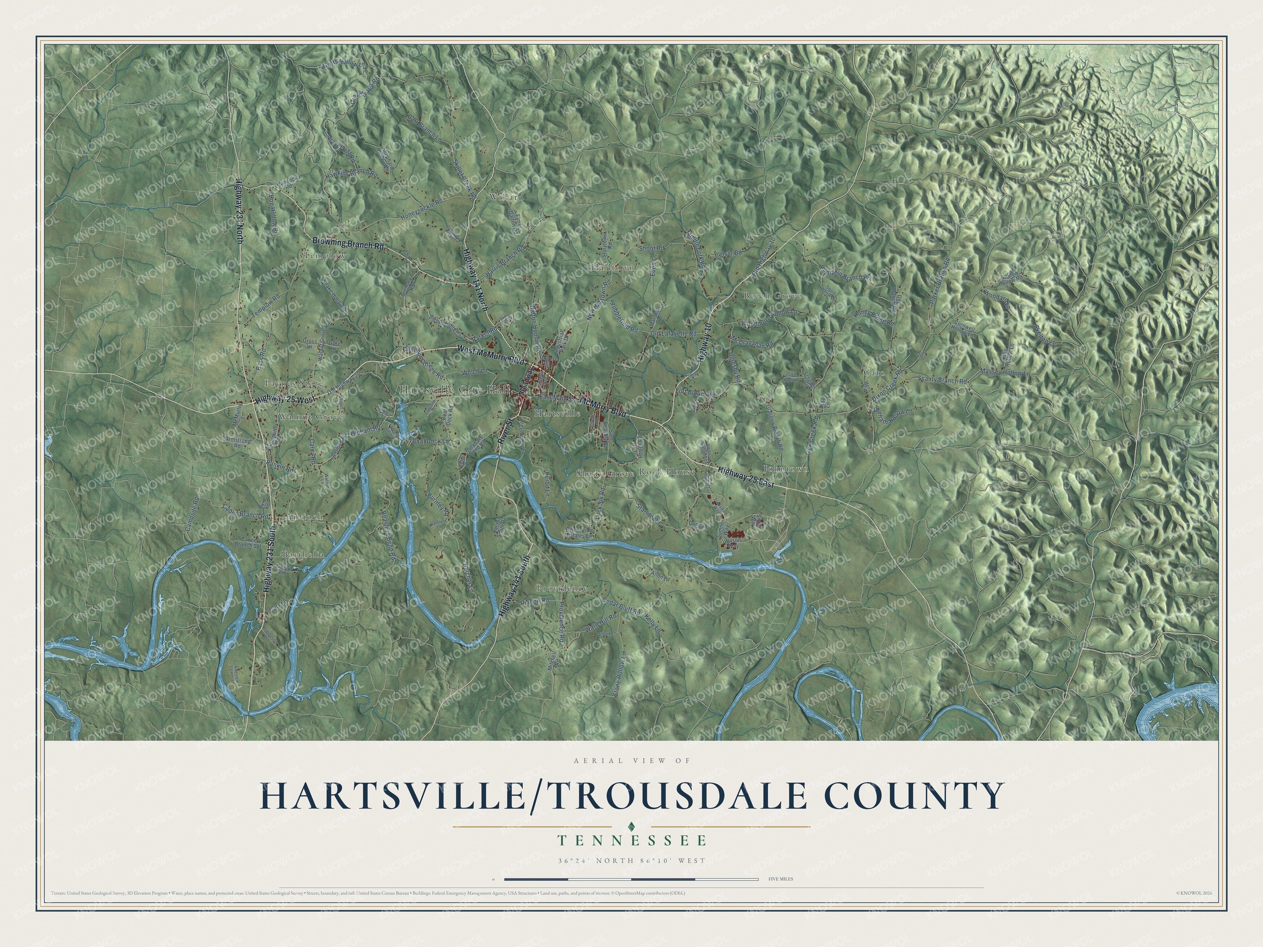 Full map of Hartsville/Trousdale County, Tennessee, with red buildings, printed street names and the land around them
