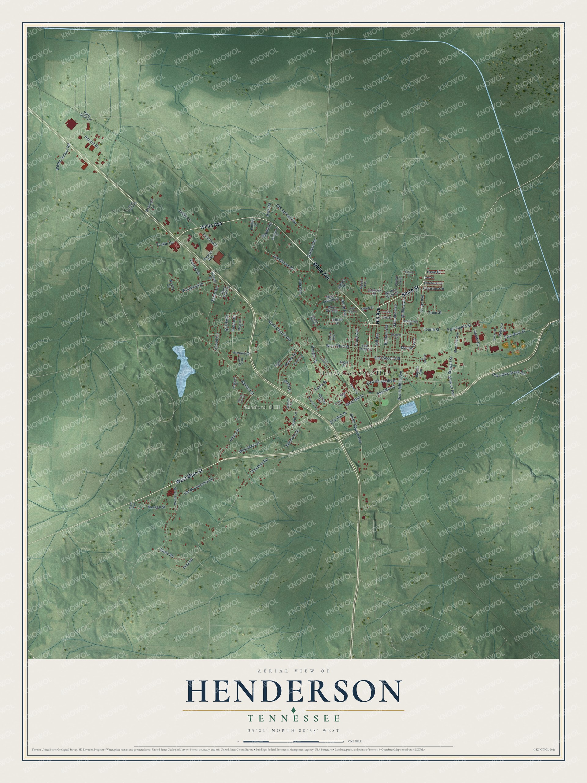Full map of Henderson, Tennessee, with red buildings, printed street names and the land around them