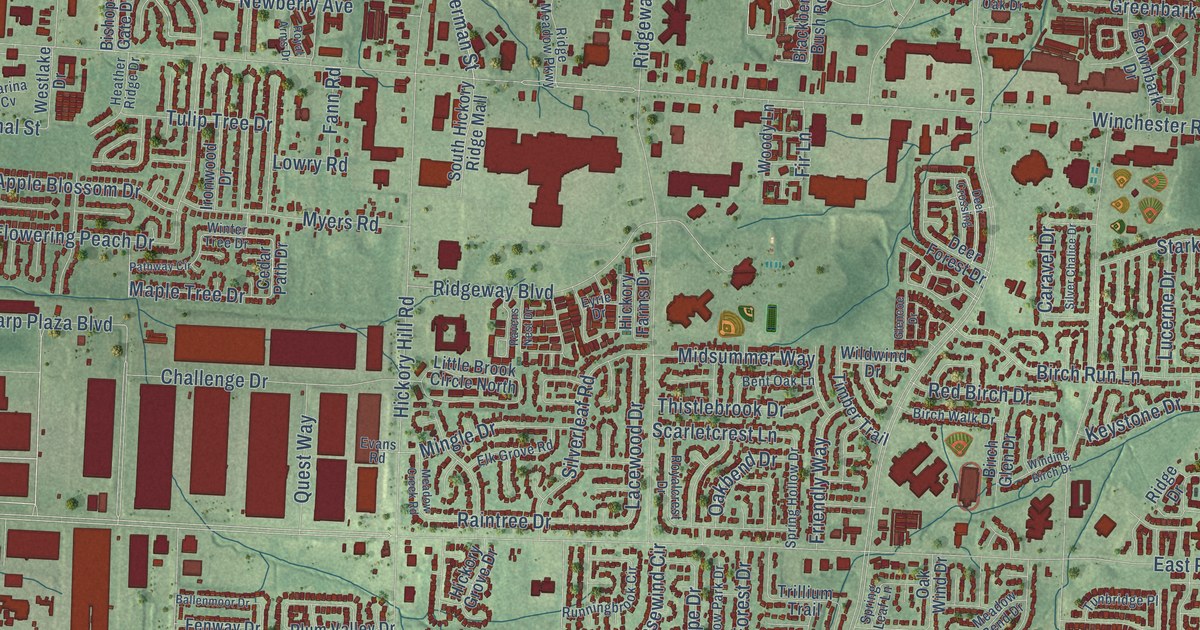Close-up of streets and buildings in Hickory Hill, Tennessee