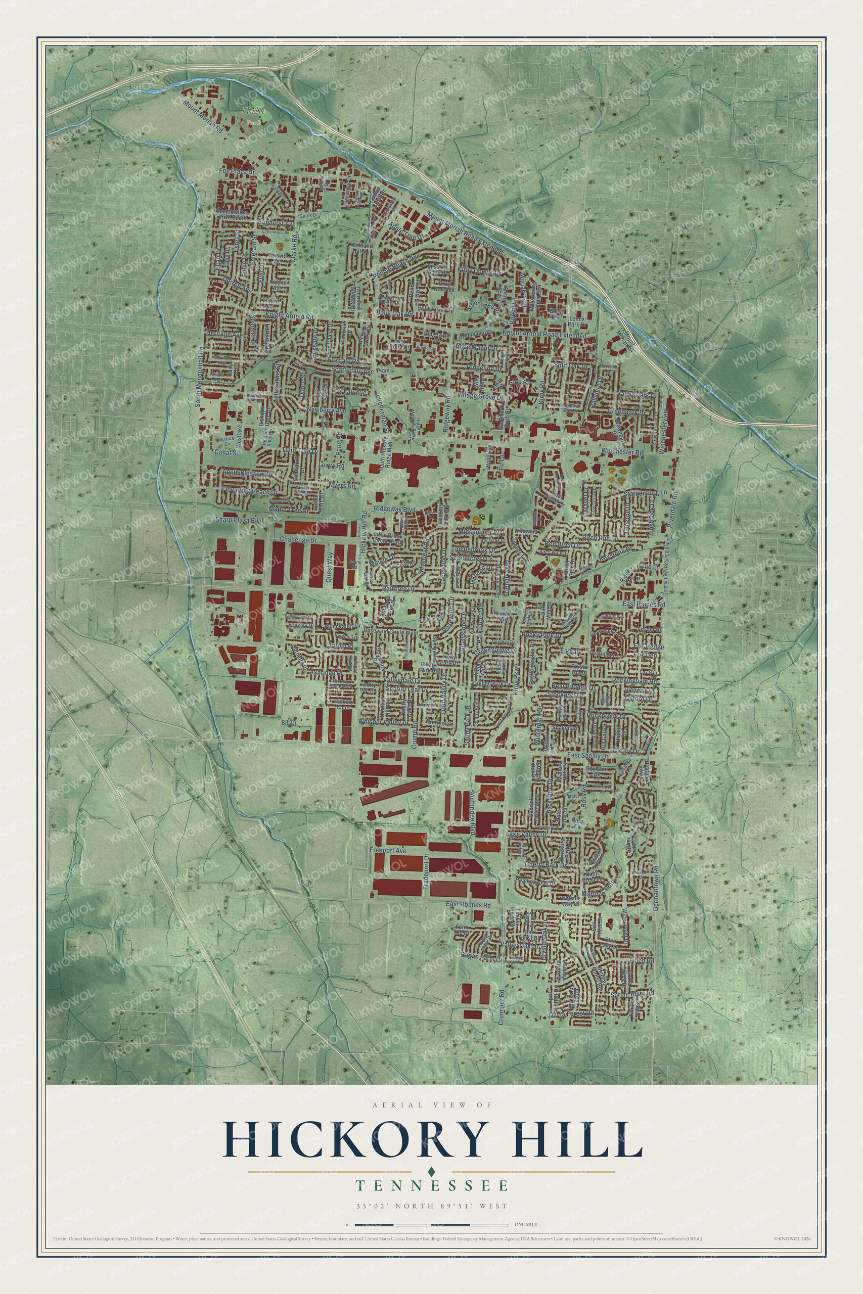 Full map of Hickory Hill, Tennessee, with red buildings, printed street names and the land around them