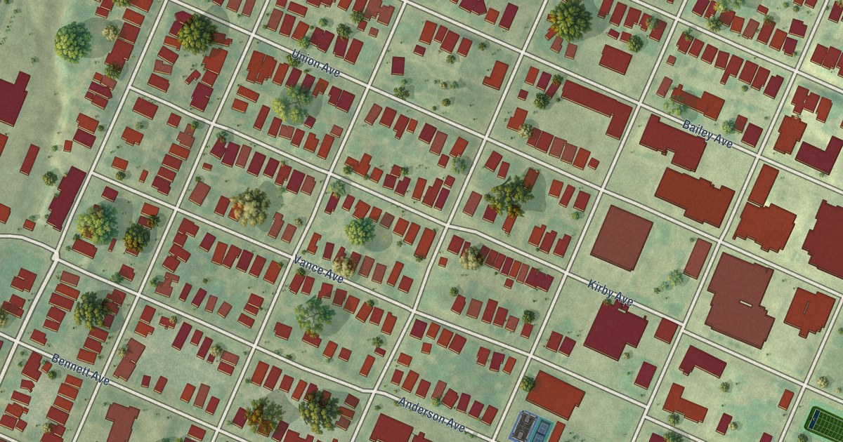 Close-up of streets and buildings in Highland Park, Chattanooga, Tennessee