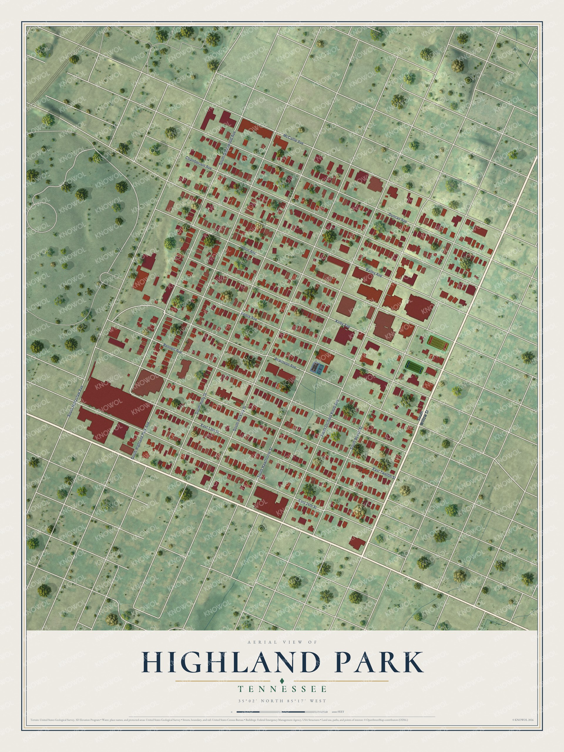 Full map of Highland Park, Tennessee, with red buildings, printed street names and the land around them