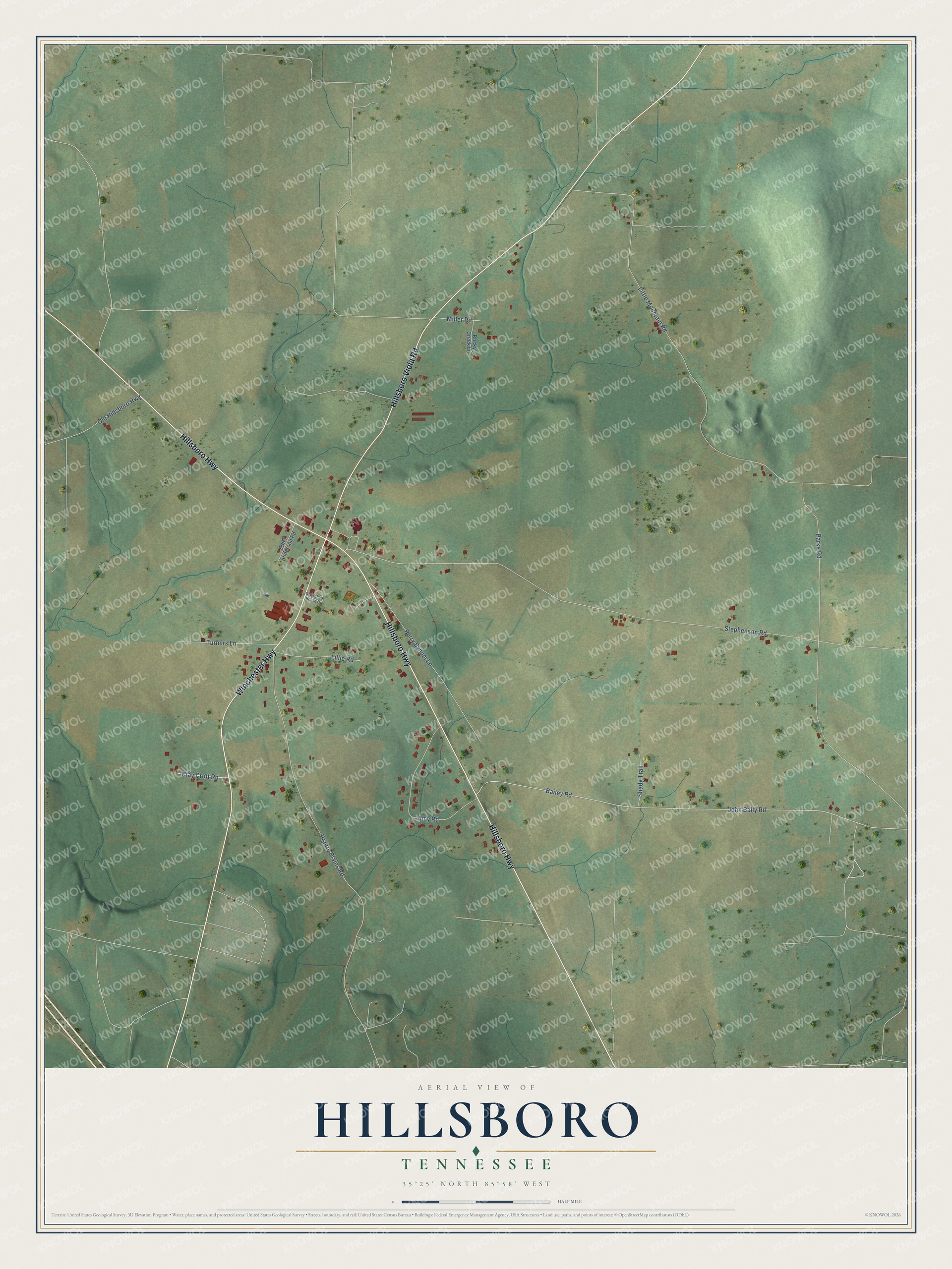 Watermarked full-map preview of Hillsboro, Tennessee