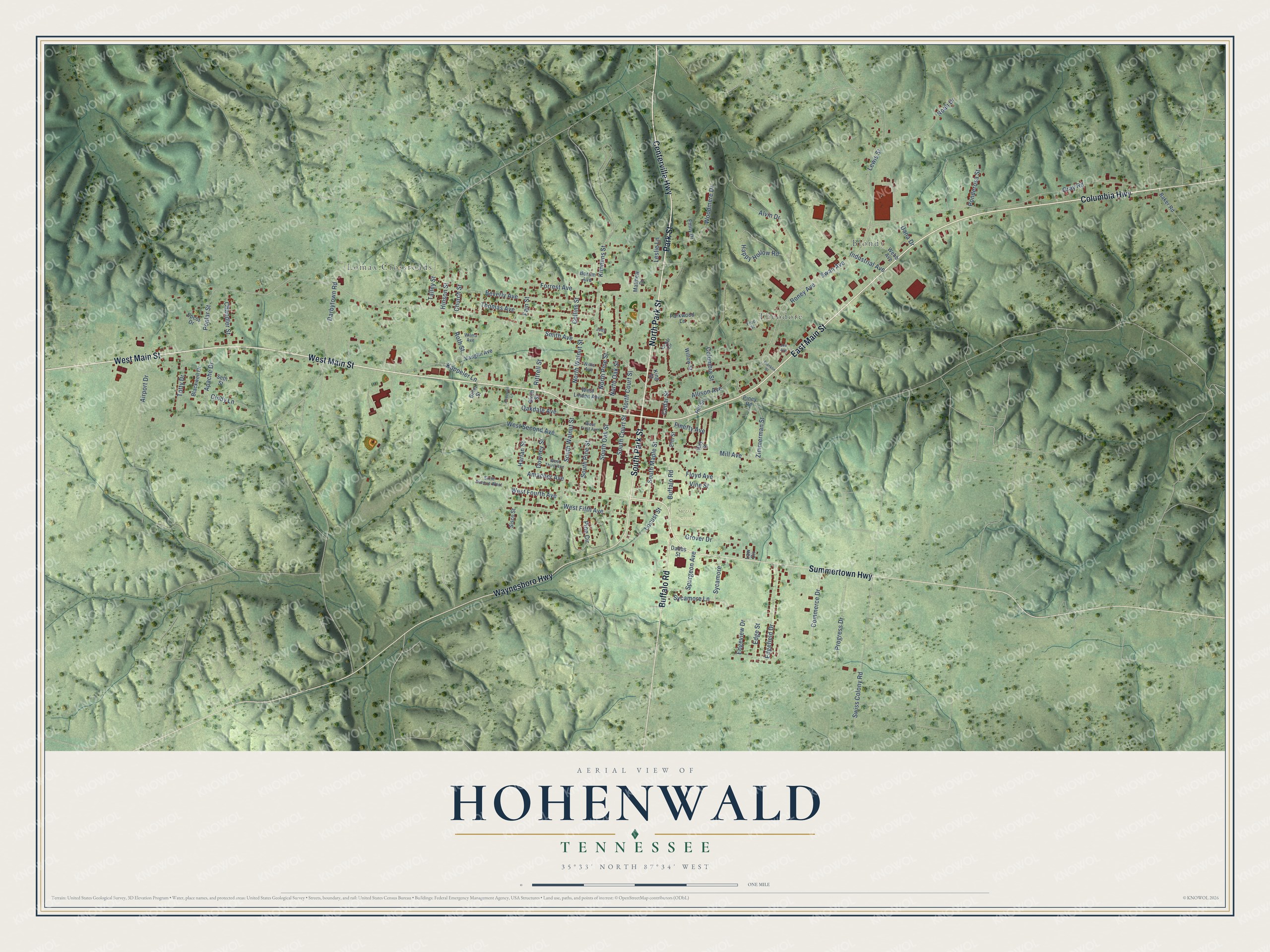 Full map of Hohenwald, Tennessee, with red buildings, printed street names and the land around them