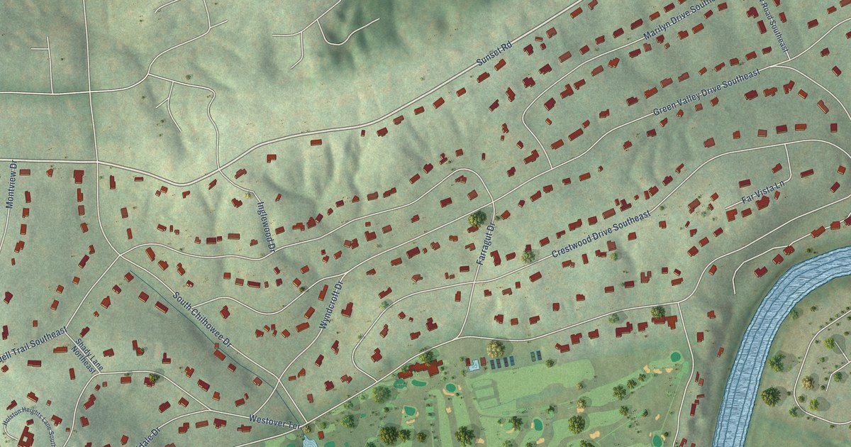 Close-up of streets and buildings in Holston Hills, Tennessee