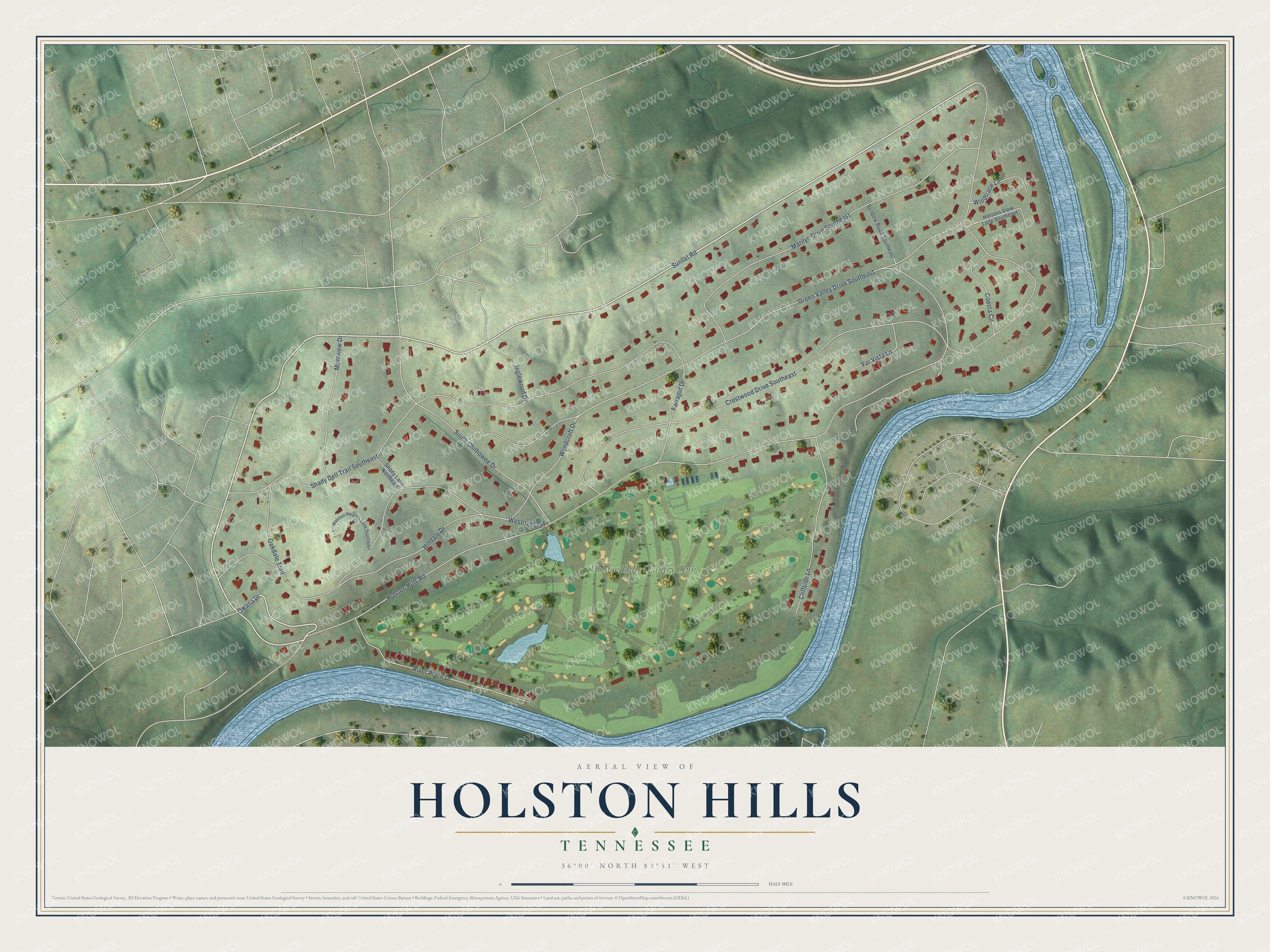 Full map of Holston Hills, Tennessee, with red buildings, printed street names and the land around them