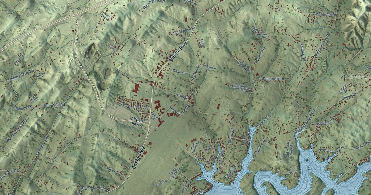 Close-up of streets and buildings in Holston, Tennessee