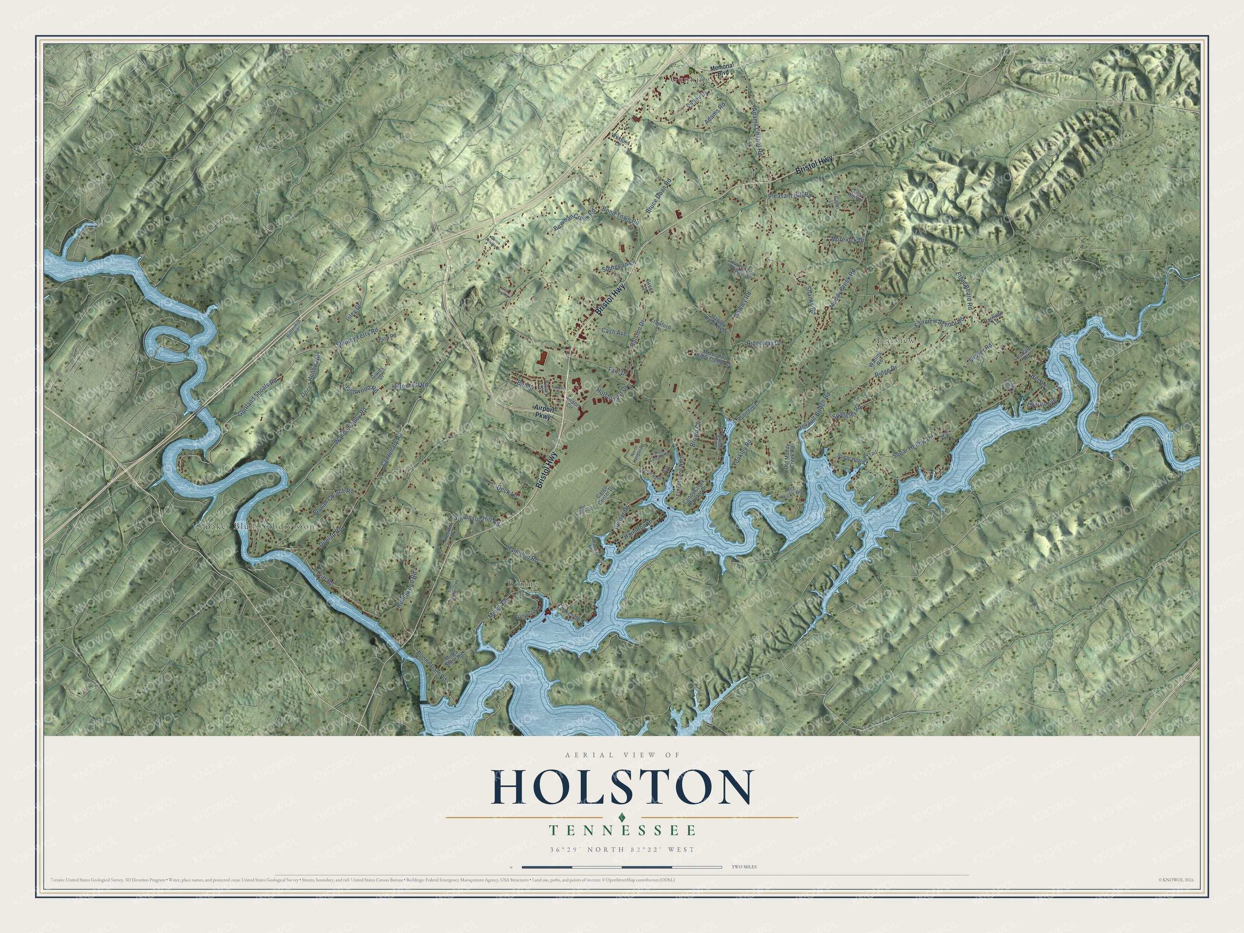 Full map of Holston, Tennessee, with red buildings, printed street names and the land around them