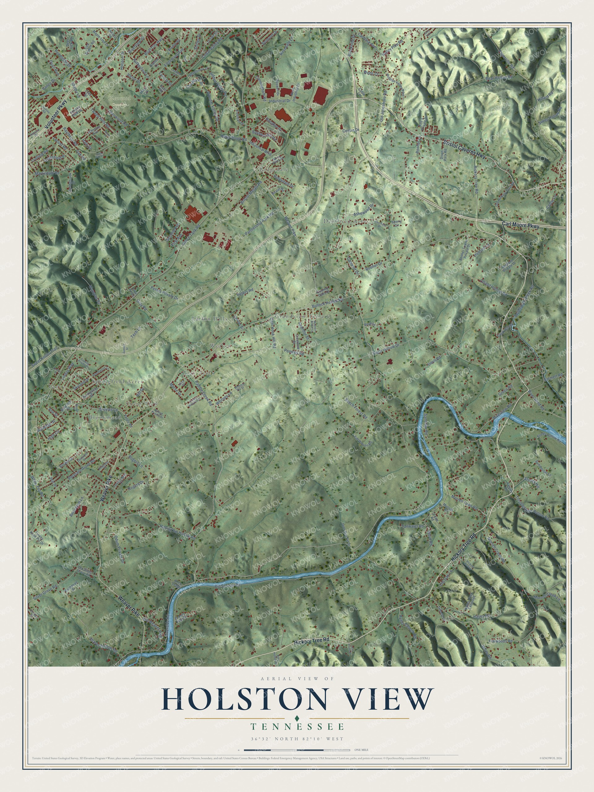 Full map of Holston View, Tennessee, with red buildings, printed street names and the land around them