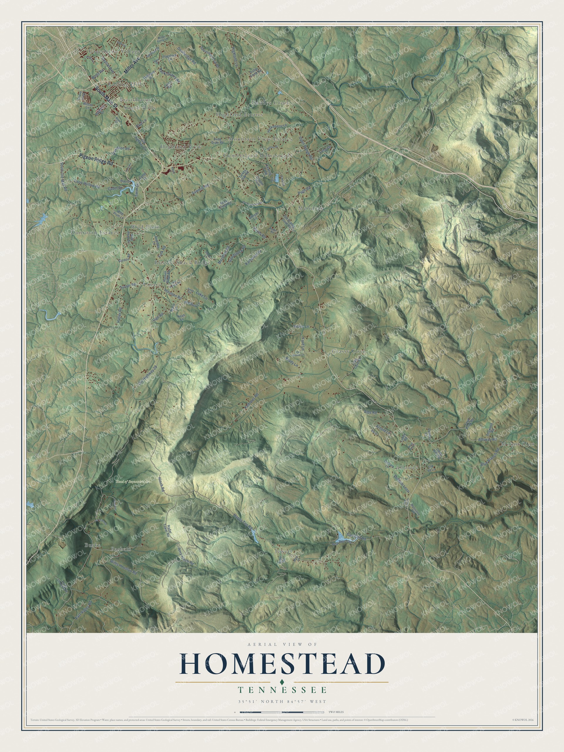 Full map of Homestead, Tennessee, with red buildings, printed street names and the land around them