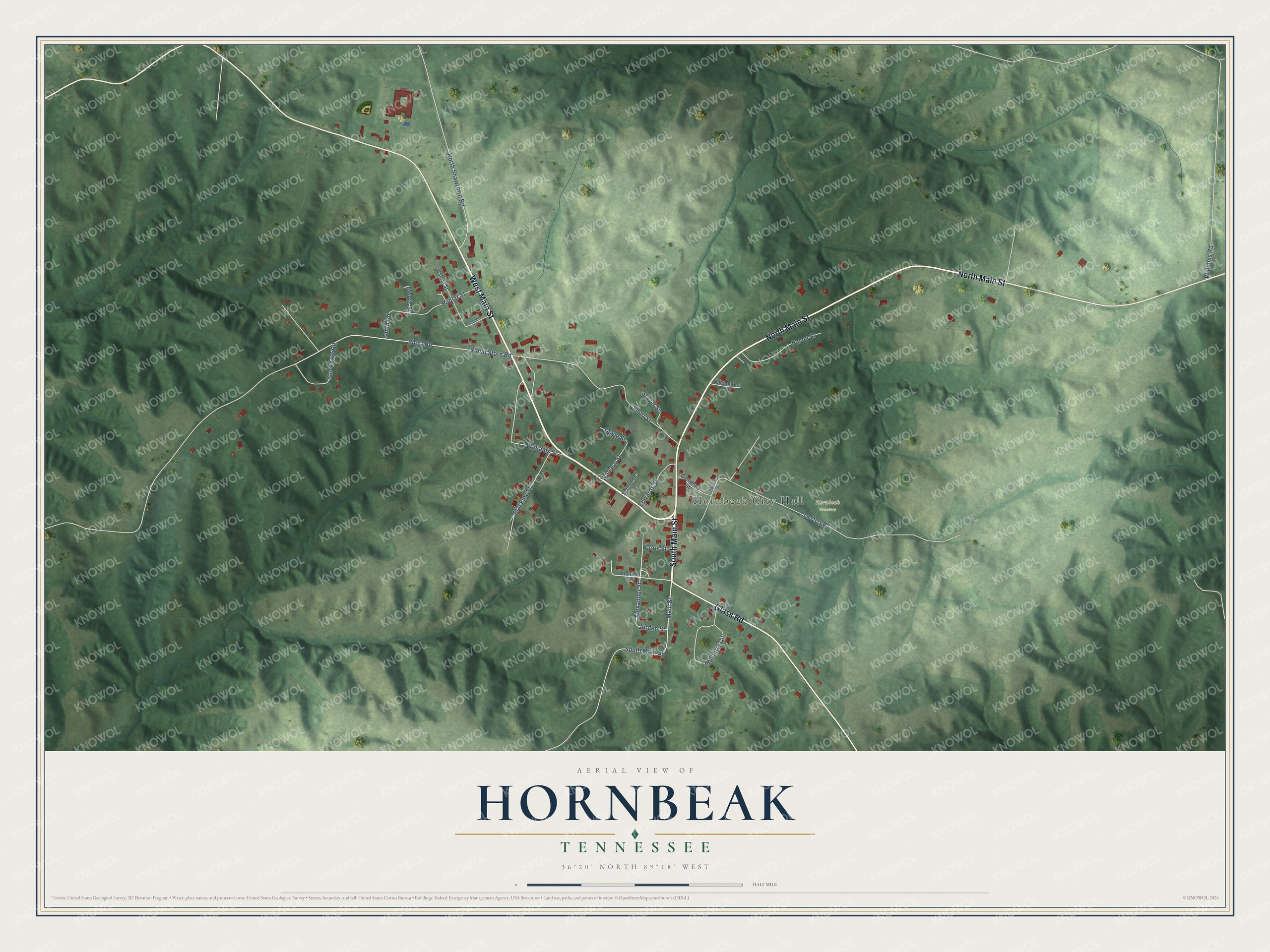 Full map of Hornbeak, Tennessee, with red buildings, printed street names and the land around them