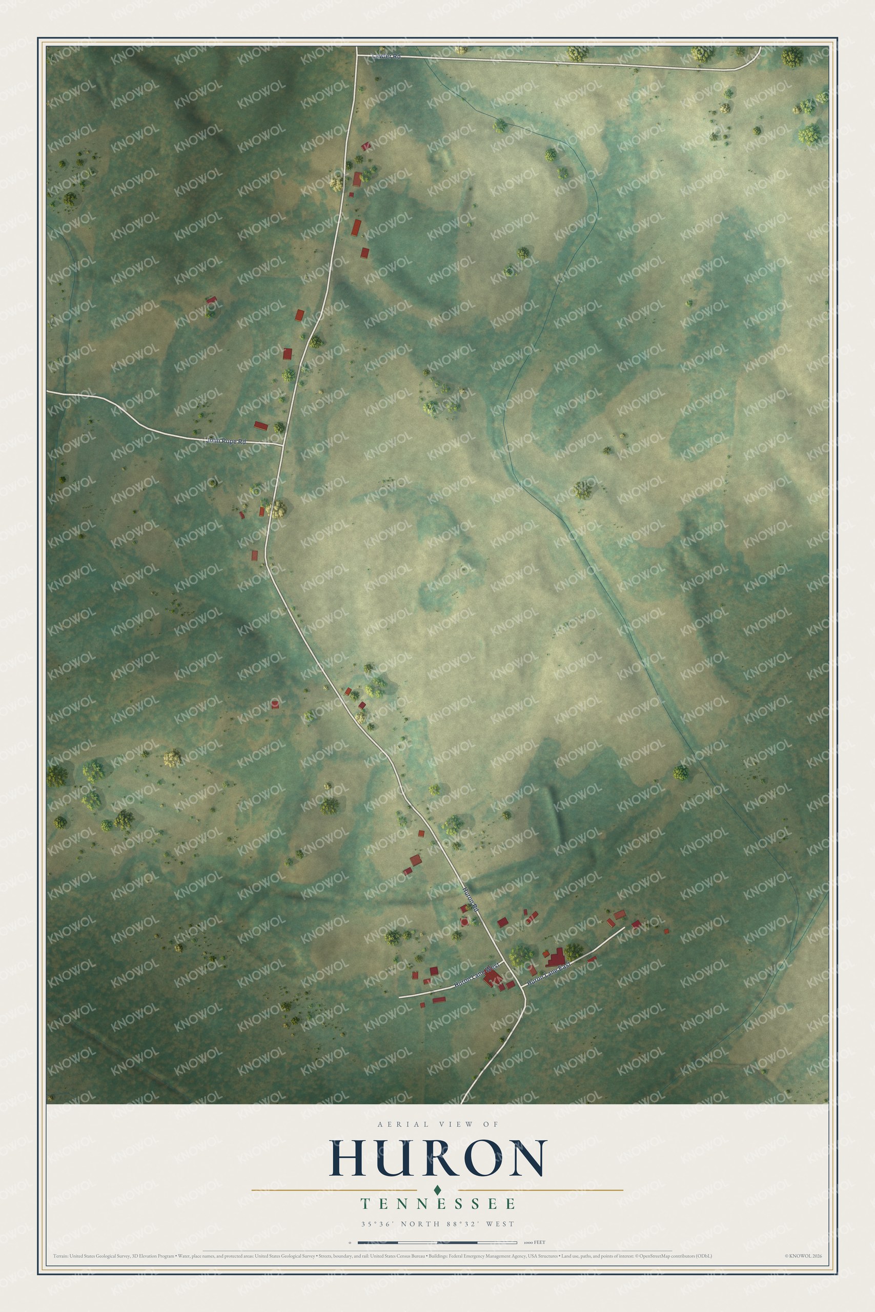 Full map of Huron, Tennessee, with red buildings, printed street names and the land around them