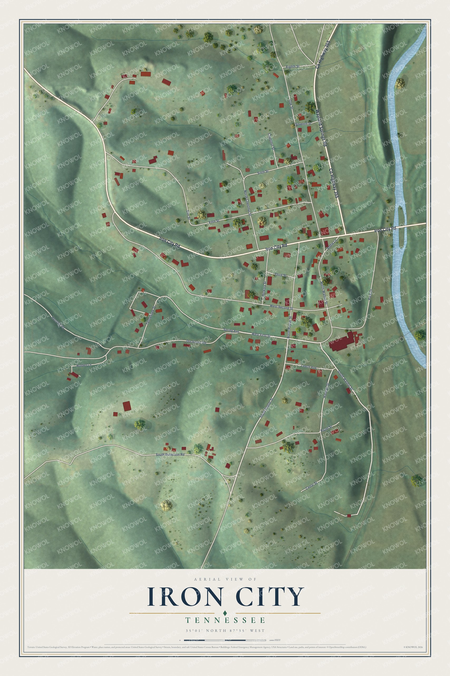 Full map of Iron City, Tennessee, with red buildings, printed street names and the land around them