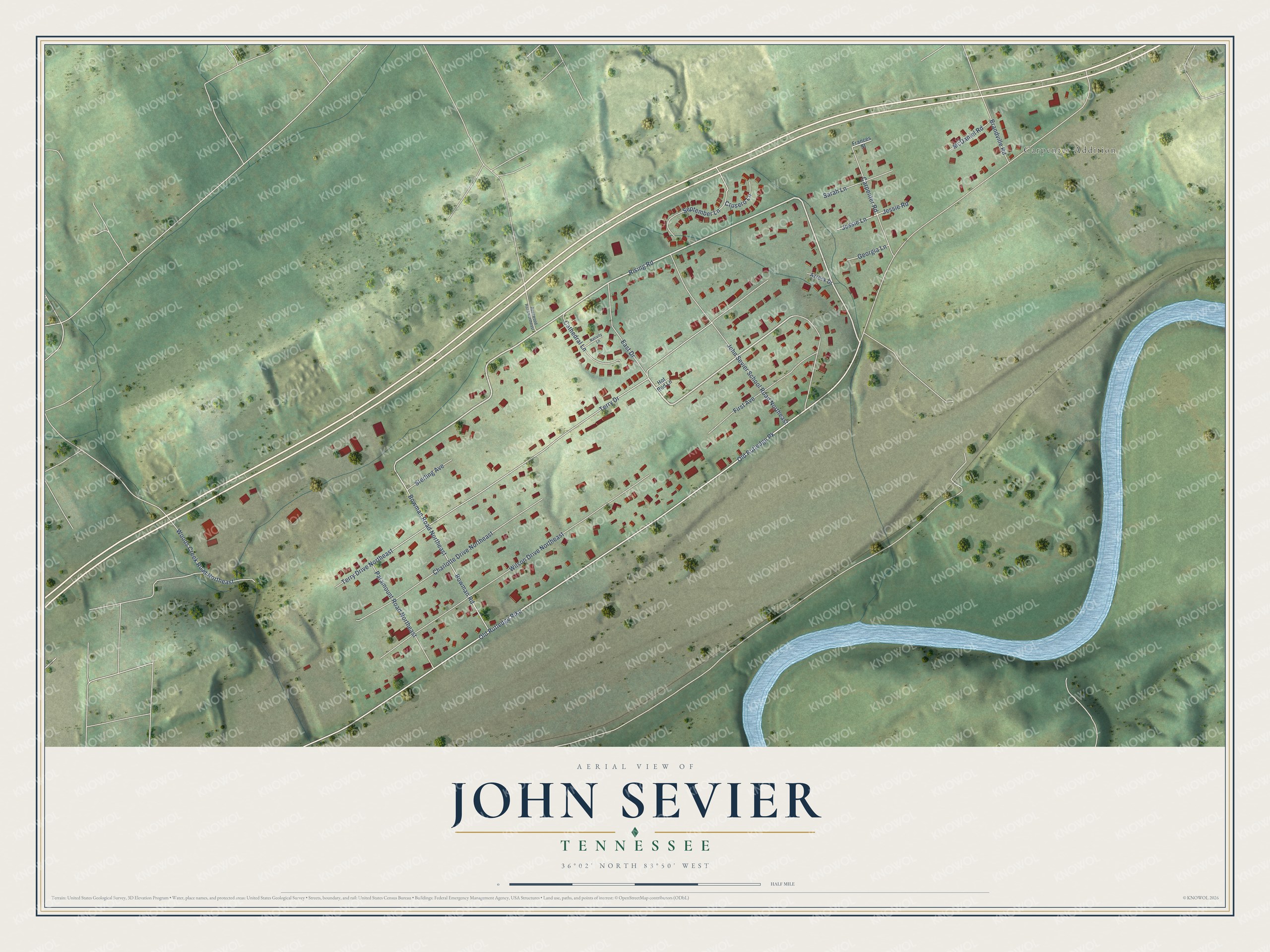 Full map of John Sevier, Tennessee, with red buildings, printed street names and the land around them