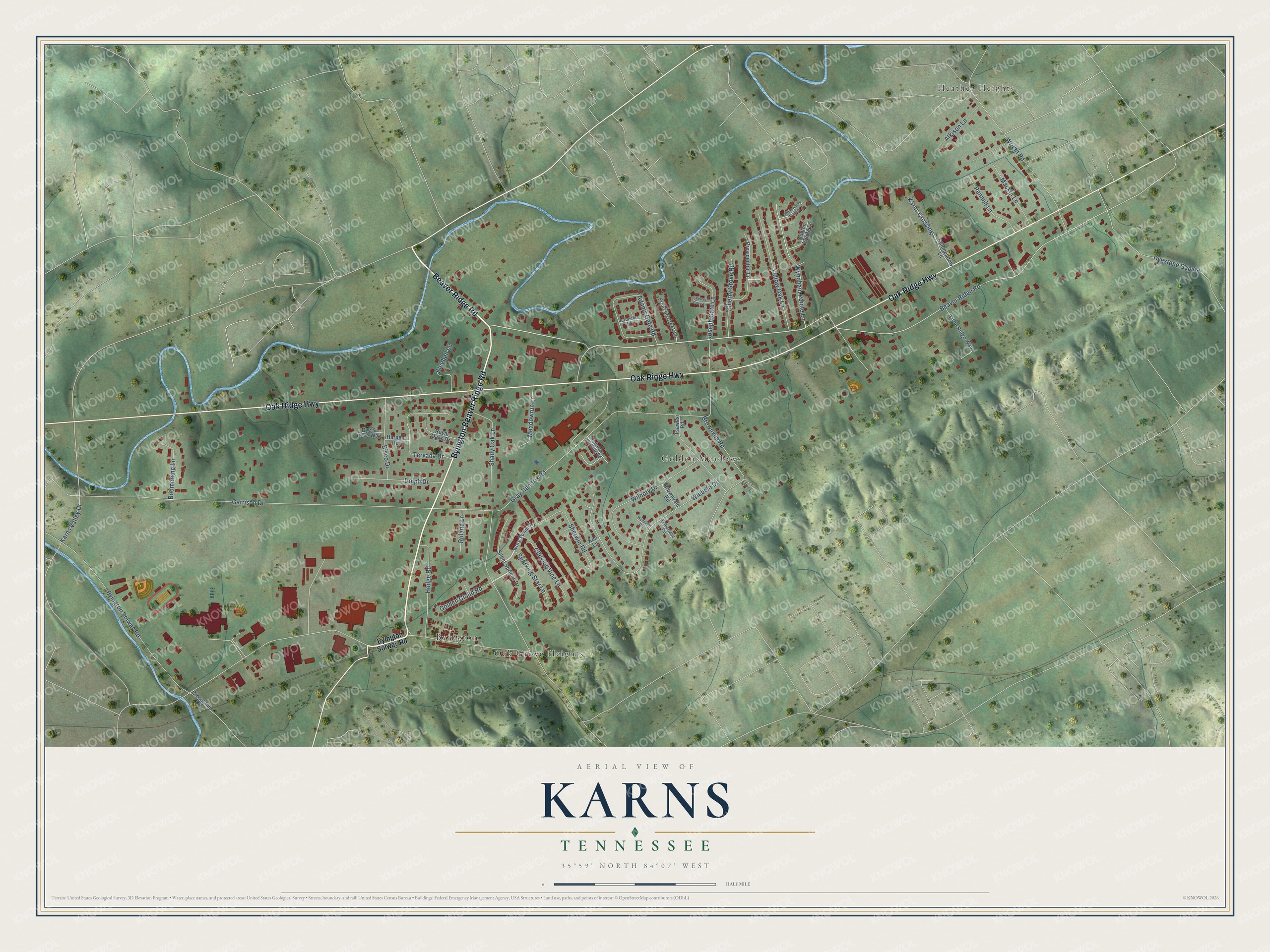 Full map of Karns, Tennessee, with red buildings, printed street names and the land around them