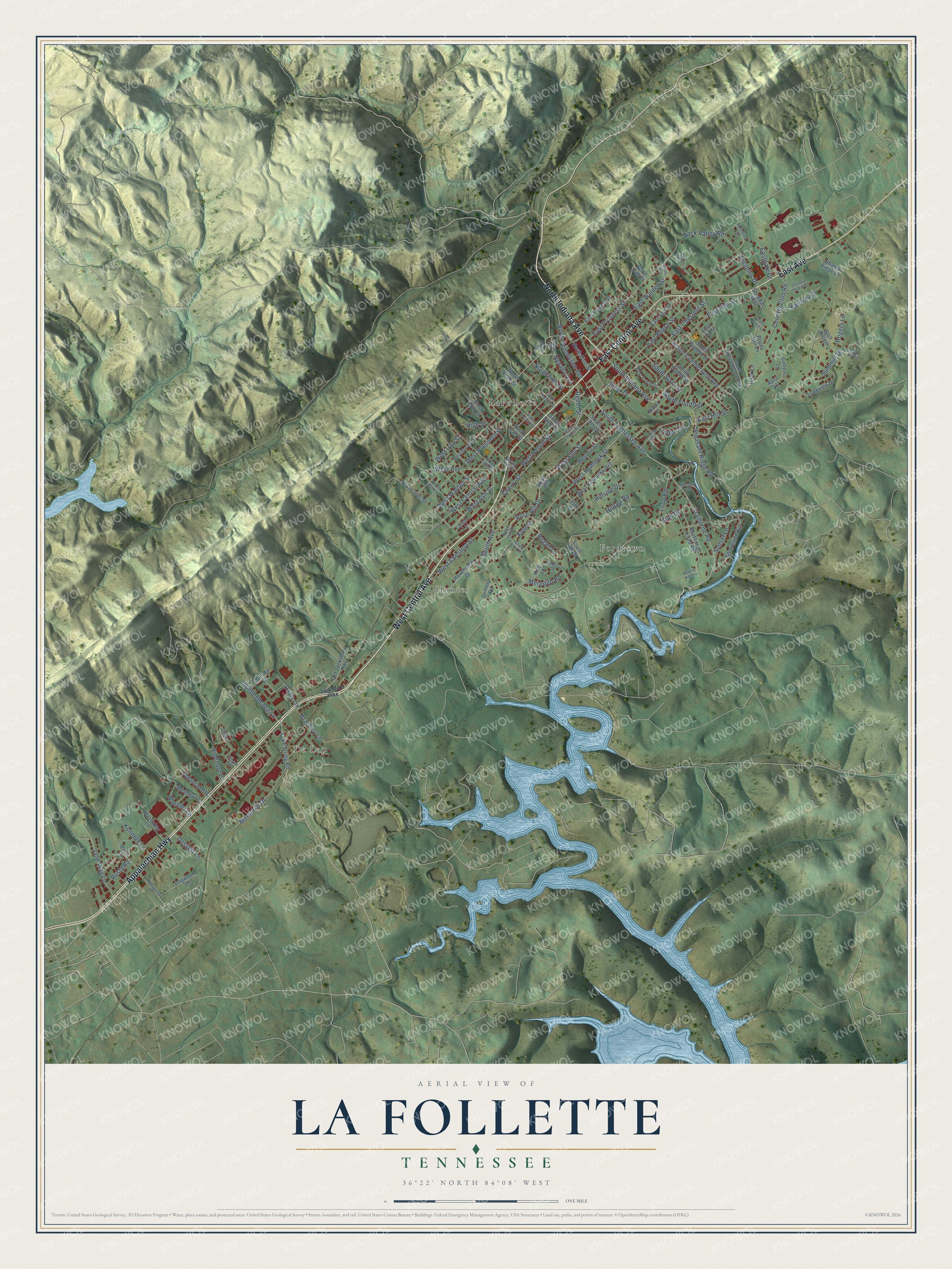 Watermarked full-map preview of La Follette, Tennessee