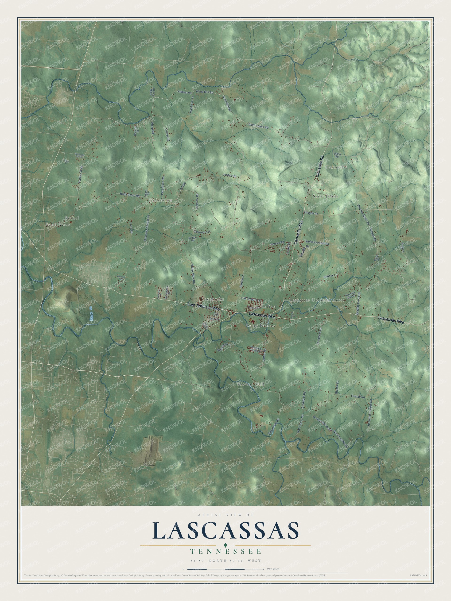 Full map of Lascassas, Tennessee, with red buildings, printed street names and the land around them