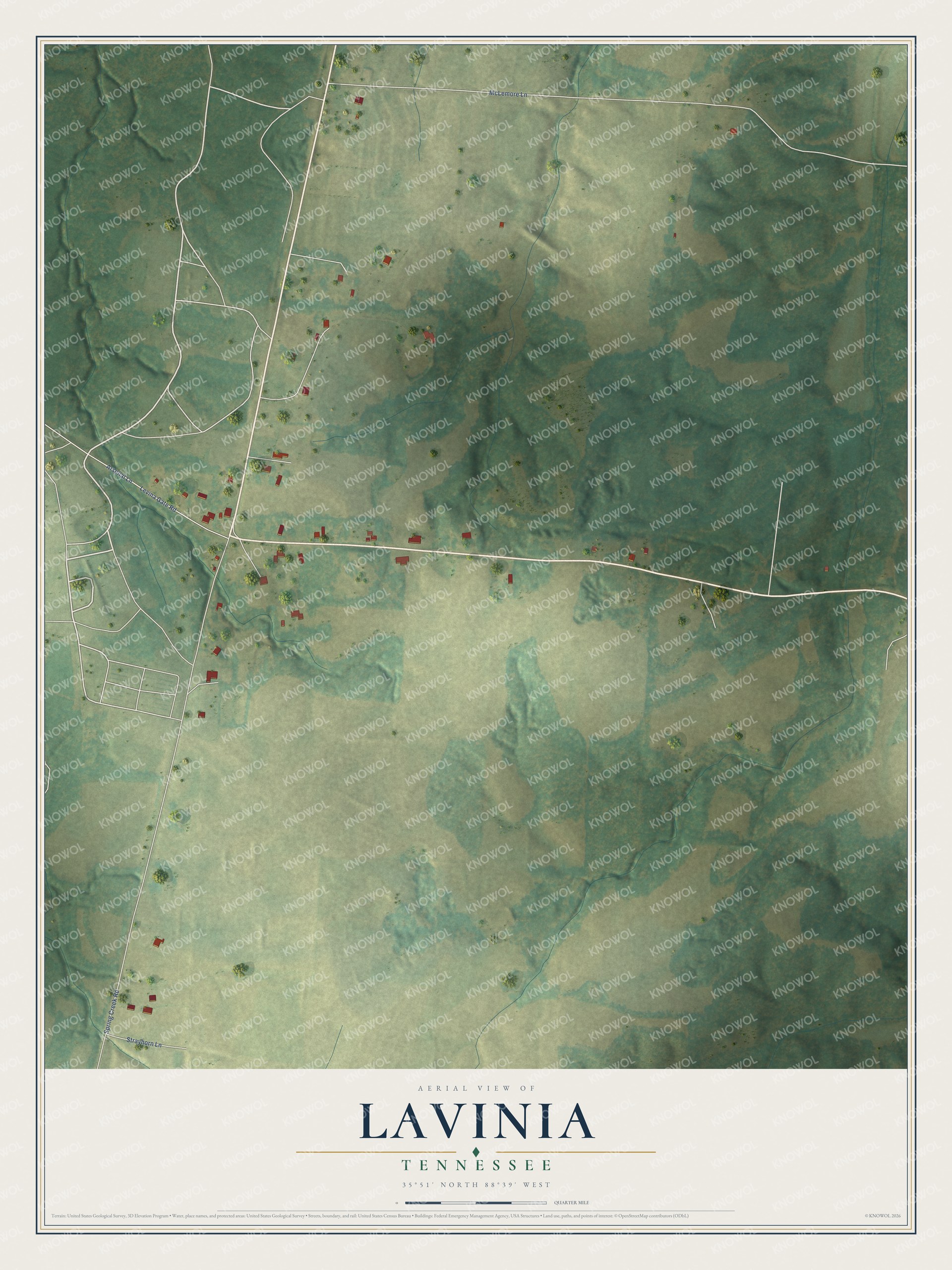 Full map of Lavinia, Tennessee, with red buildings, printed street names and the land around them