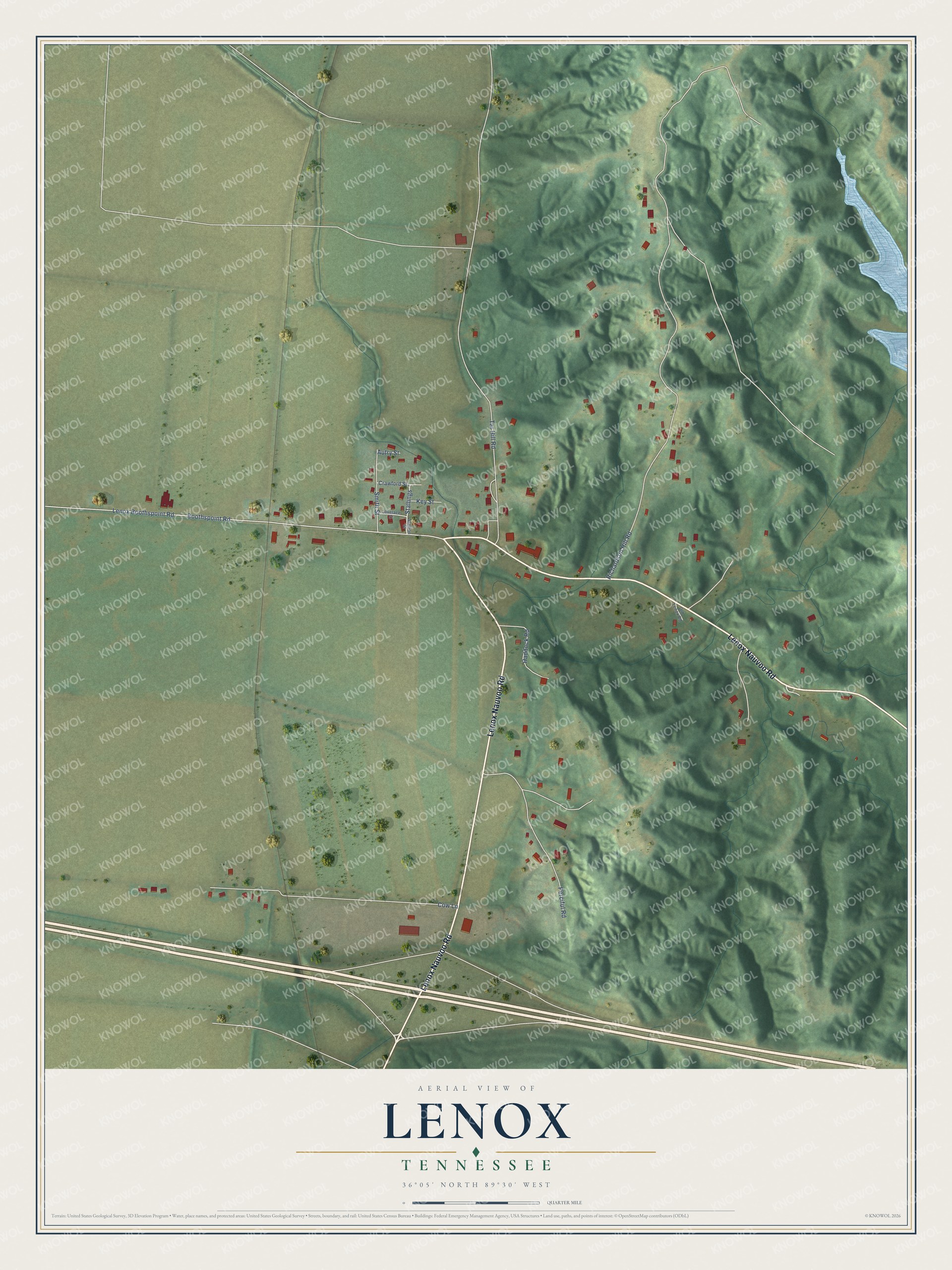 Full map of Lenox, Tennessee, with red buildings, printed street names and the land around them