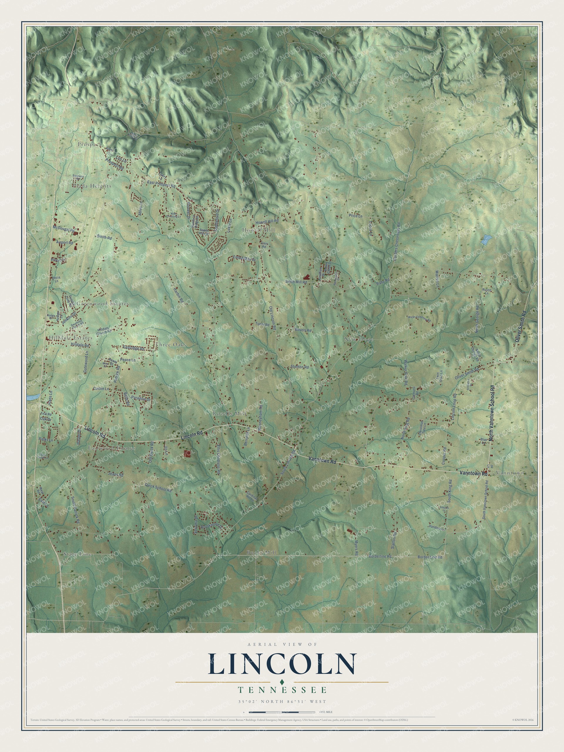 Full map of Lincoln, Tennessee, with red buildings, printed street names and the land around them