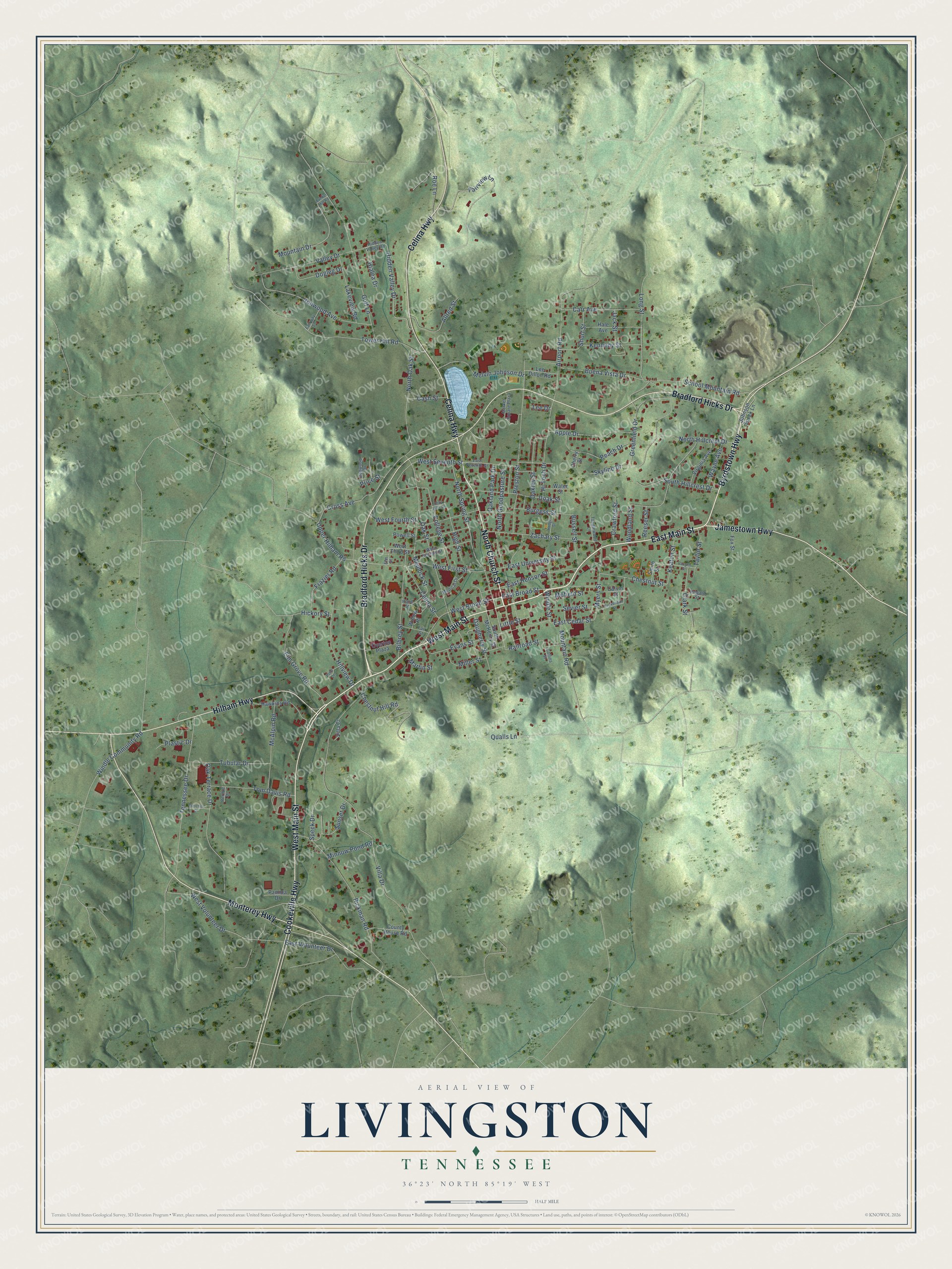 Full map of Livingston, Tennessee, with red buildings, printed street names and the land around them