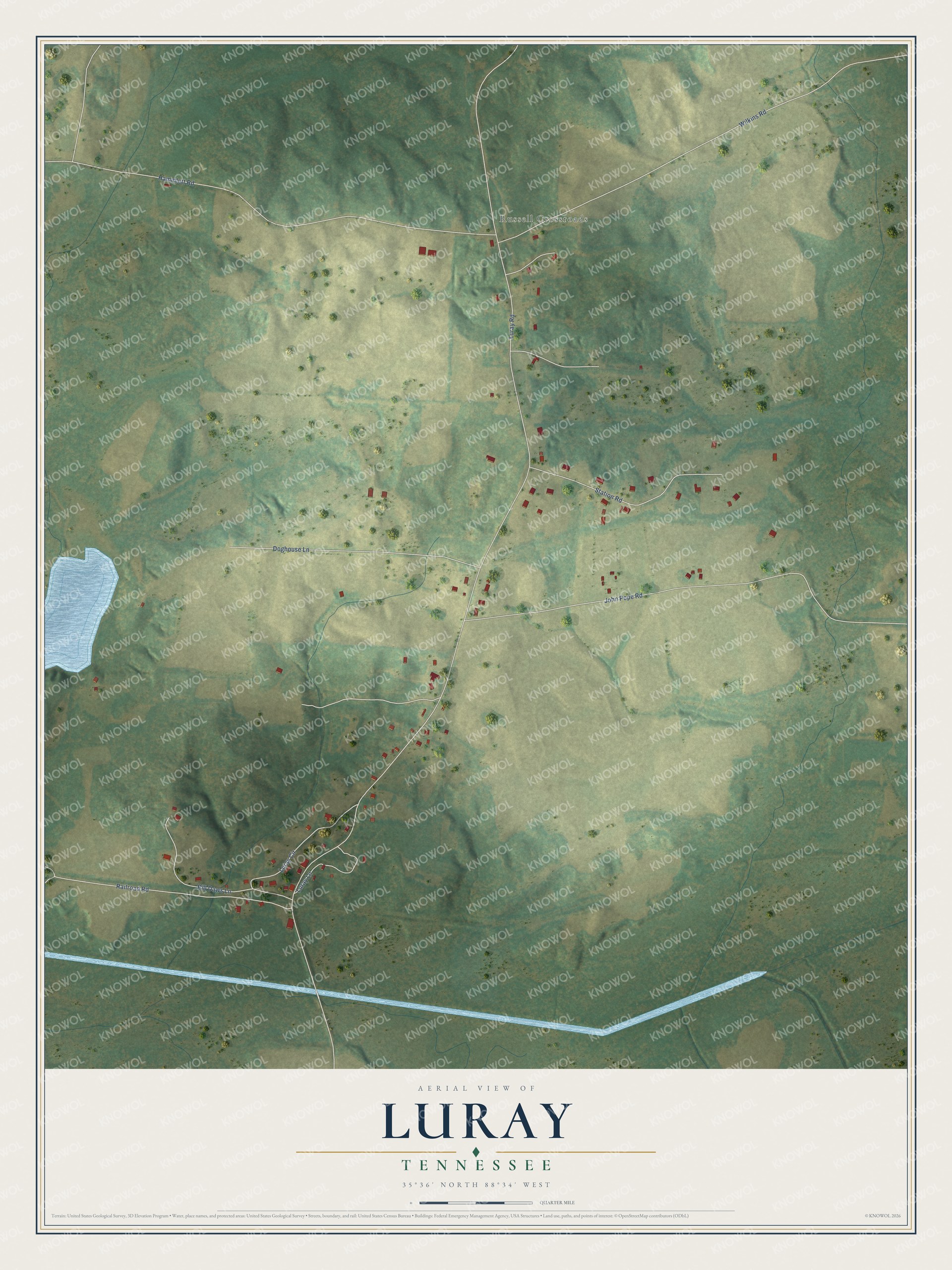 Full map of Luray, Tennessee, with red buildings, printed street names and the land around them