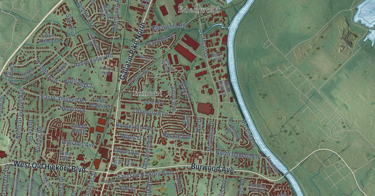 Close-up of streets and buildings in Madison, Tennessee