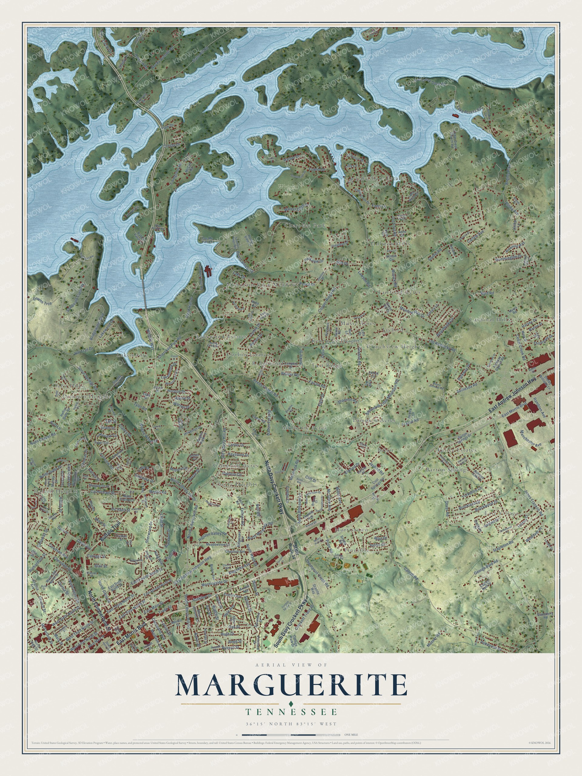 Full map of Marguerite, Tennessee, with red buildings, printed street names and the land around them