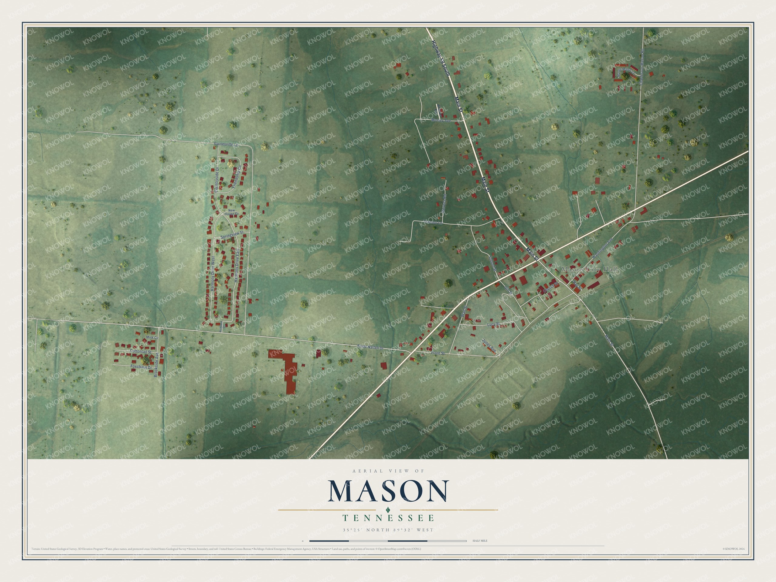 Full map of Mason, Tennessee, with red buildings, printed street names and the land around them