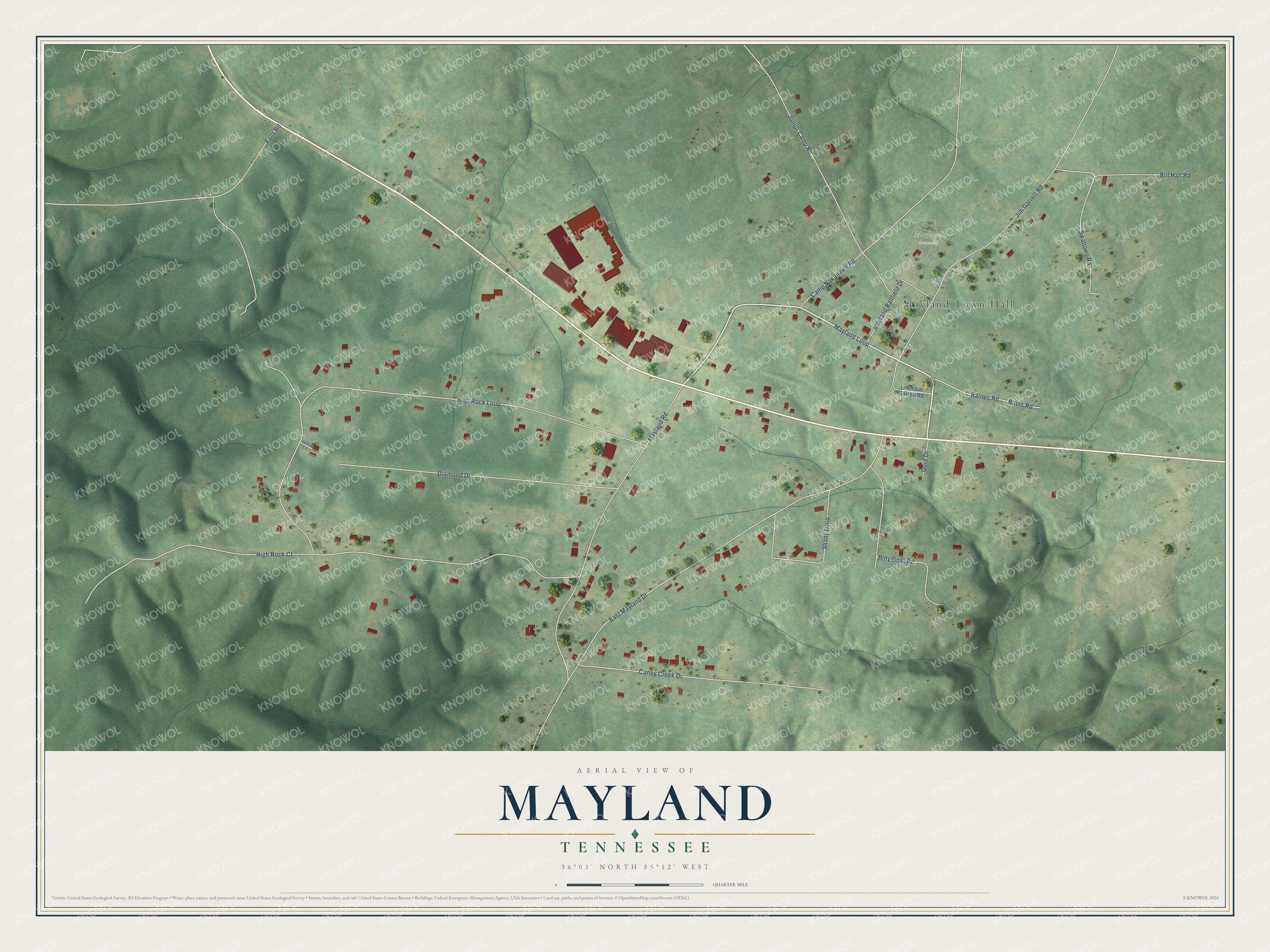 Full map of Mayland, Tennessee, with red buildings, printed street names and the land around them