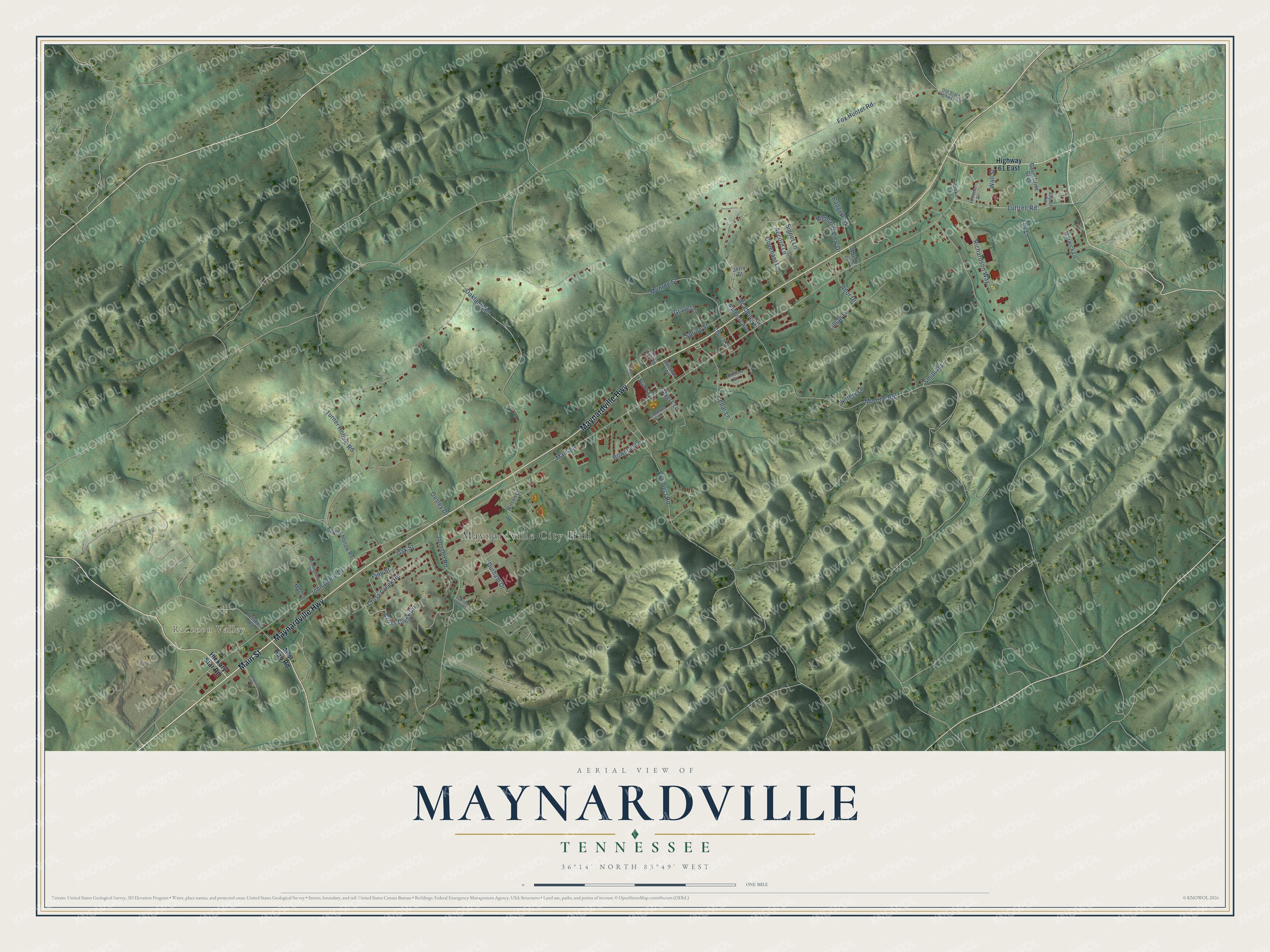 Full map of Maynardville, Tennessee, with red buildings, printed street names and the land around them
