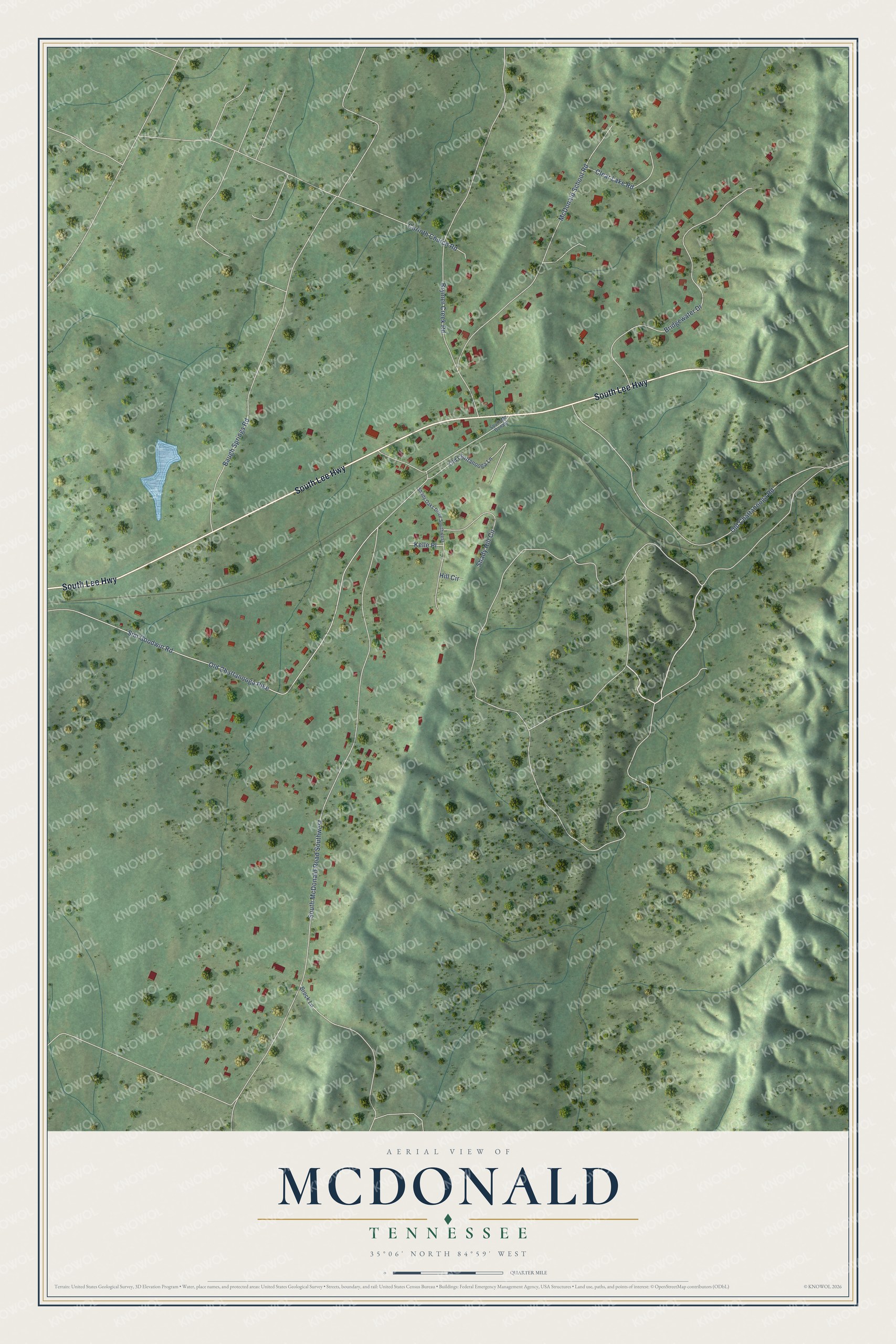 Full map of McDonald, Tennessee, with red buildings, printed street names and the land around them