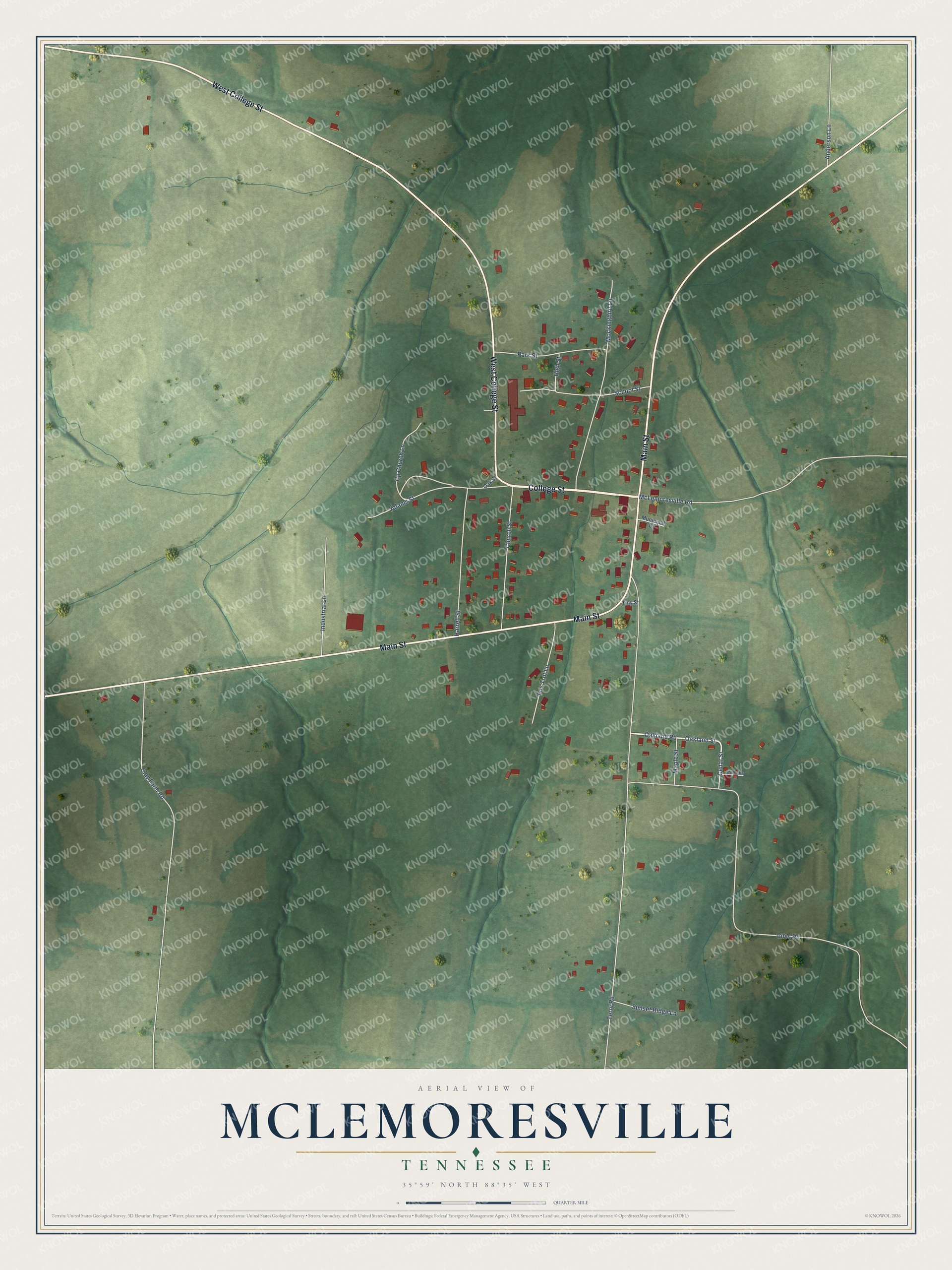 Full map of McLemoresville, Tennessee, with red buildings, printed street names and the land around them
