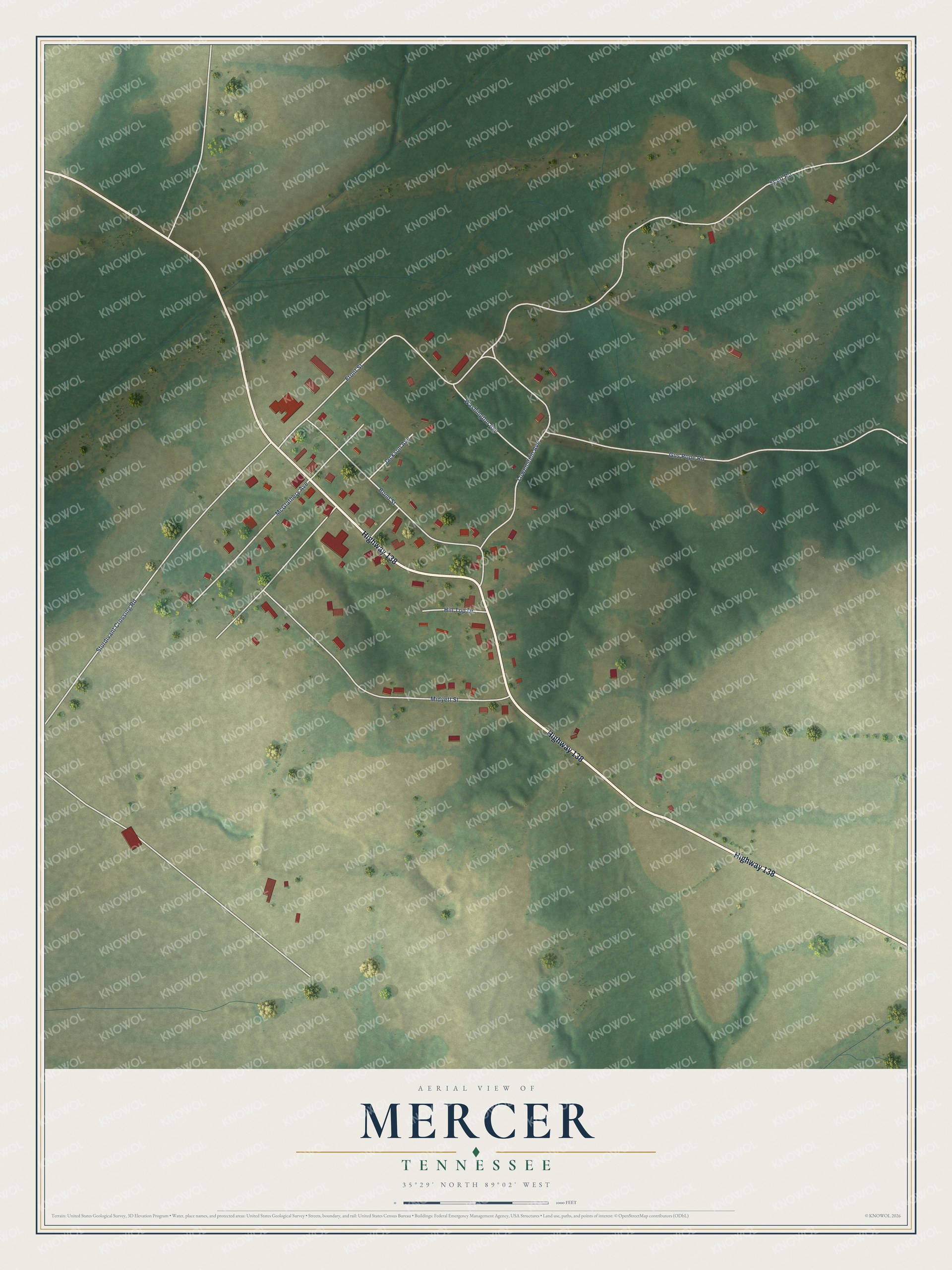 Full map of Mercer, Tennessee, with red buildings, printed street names and the land around them