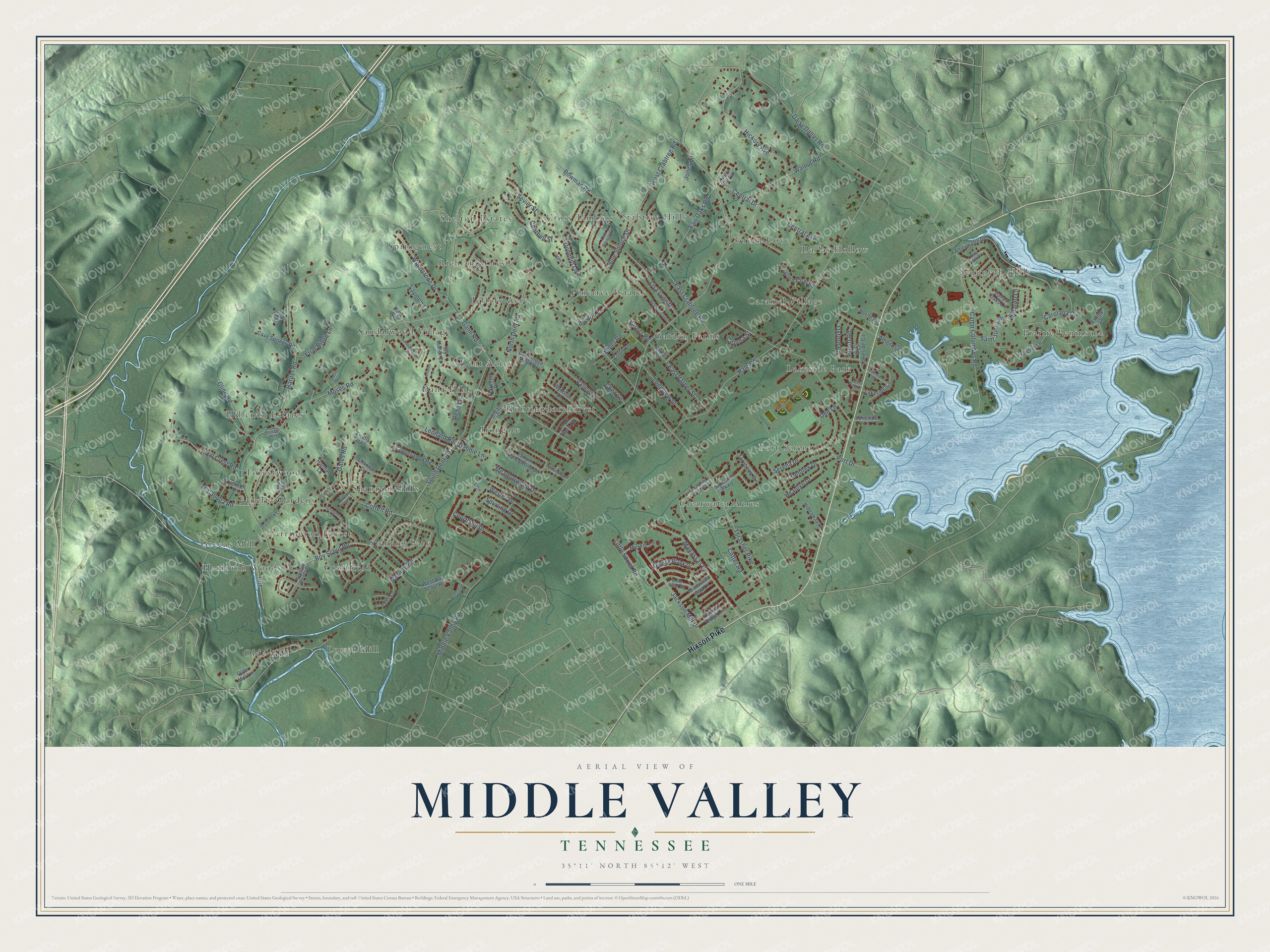 Full map of Middle Valley, Tennessee, with red buildings, printed street names and the land around them
