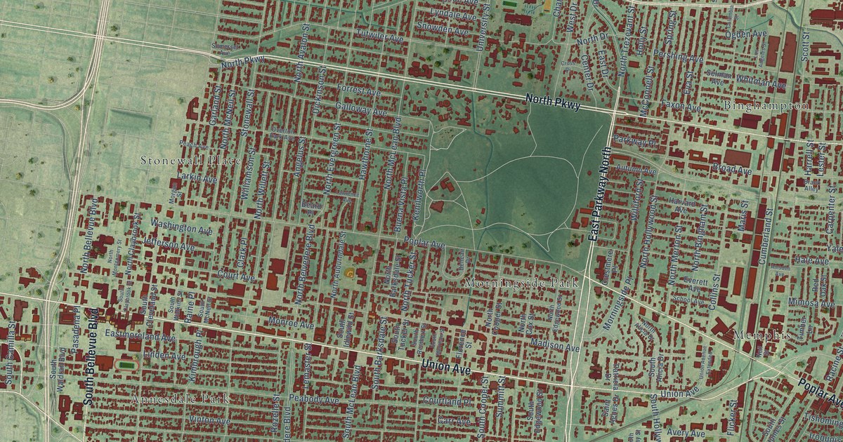 Close-up of streets and buildings in Midtown, Memphis, Tennessee