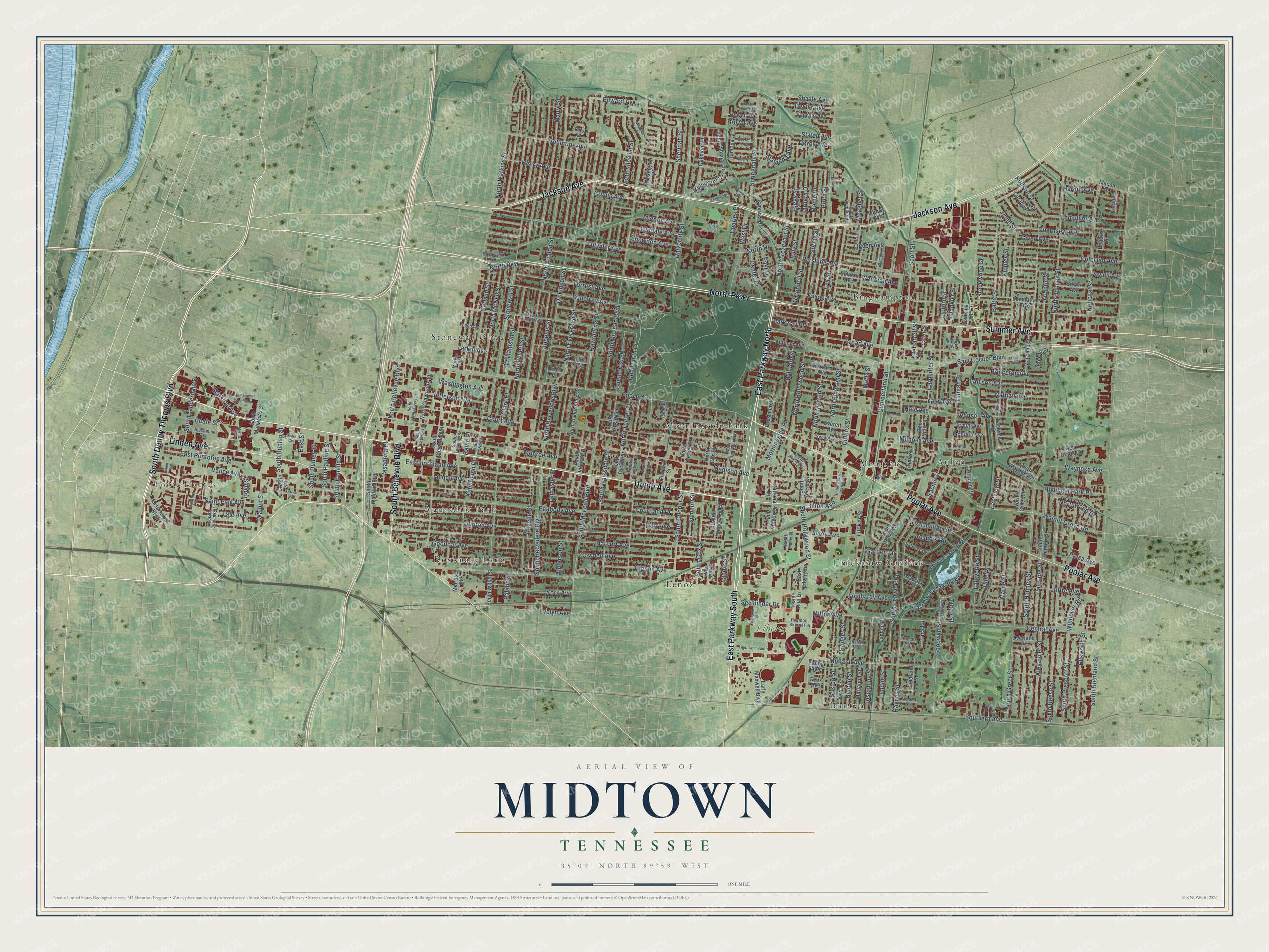 Full map of Midtown, Tennessee, with red buildings, printed street names and the land around them