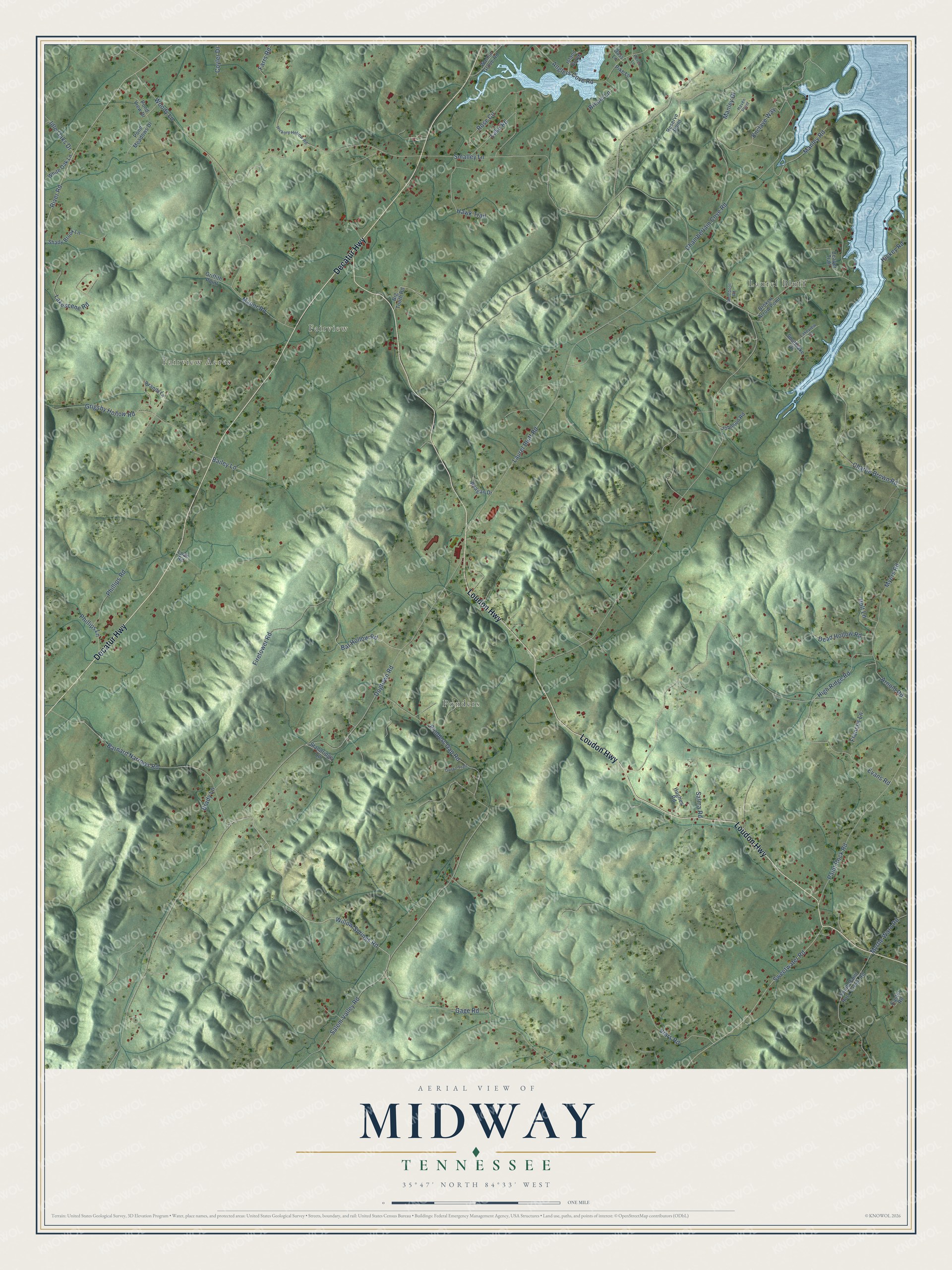 Full map of Midway, Tennessee, with red buildings, printed street names and the land around them